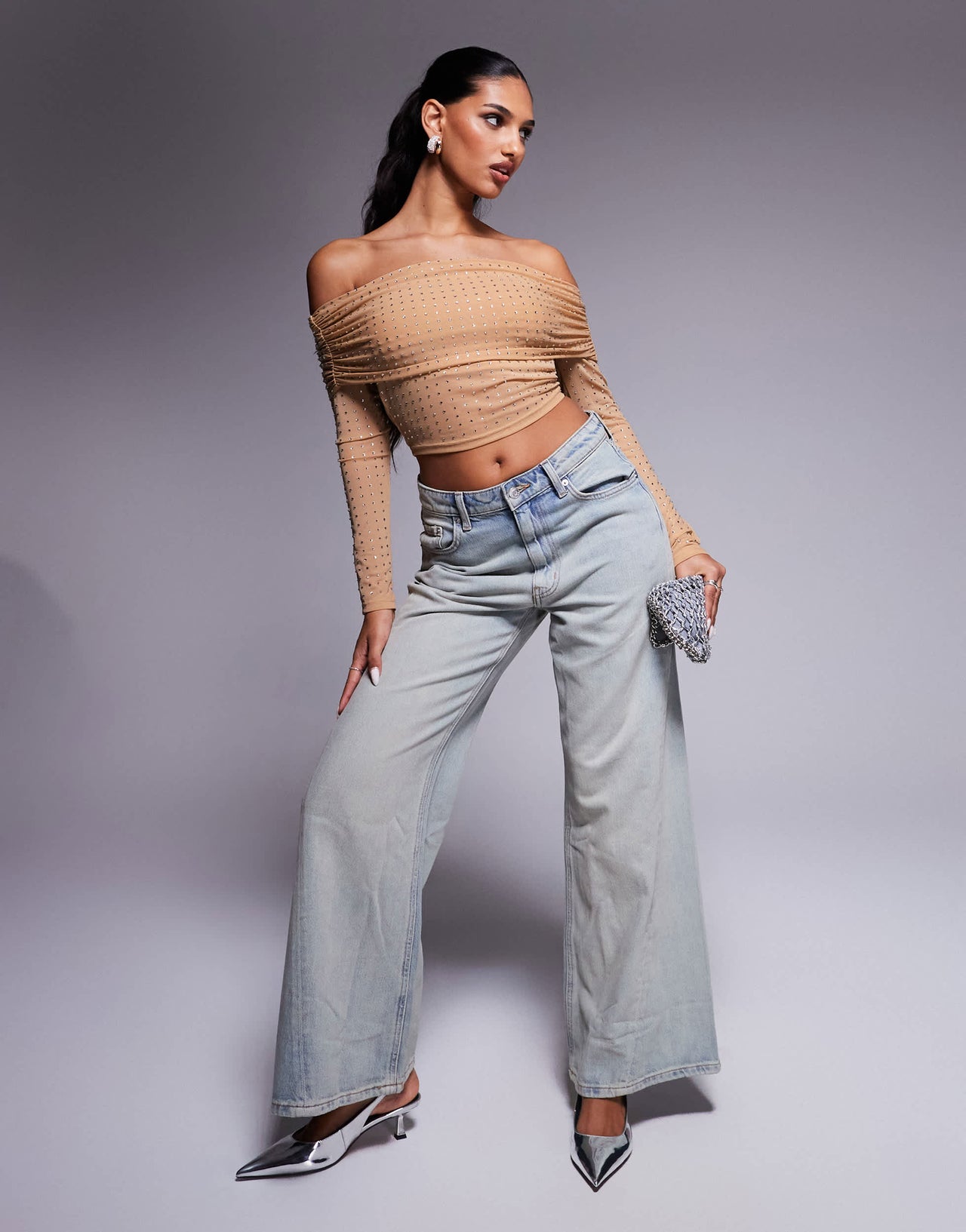 ASOS DESIGN hotfix off shoulder long sleeve top in stone