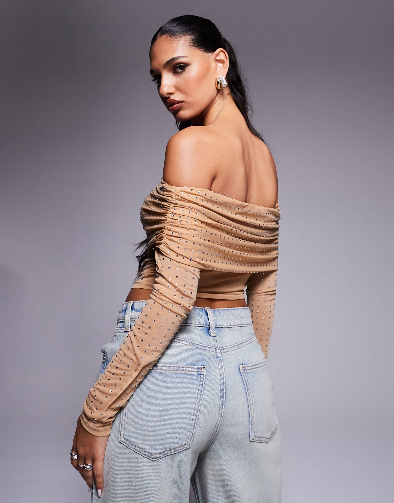 ASOS DESIGN hotfix off shoulder long sleeve top in stone