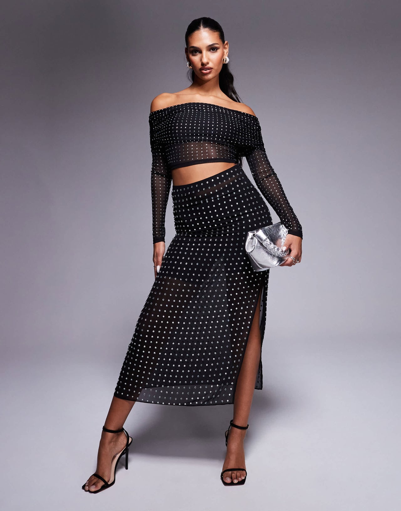 ASOS DESIGN hotfix off shoulder long sleeve top in black