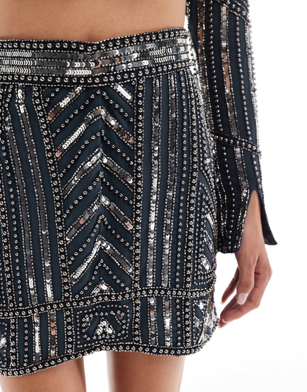 ASOS DESIGN mini skirt with pearl and sequin embellishment co-ord in dark navy