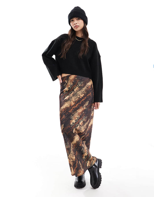 ASOS DESIGN satin bias maxi  skirt in animal print
