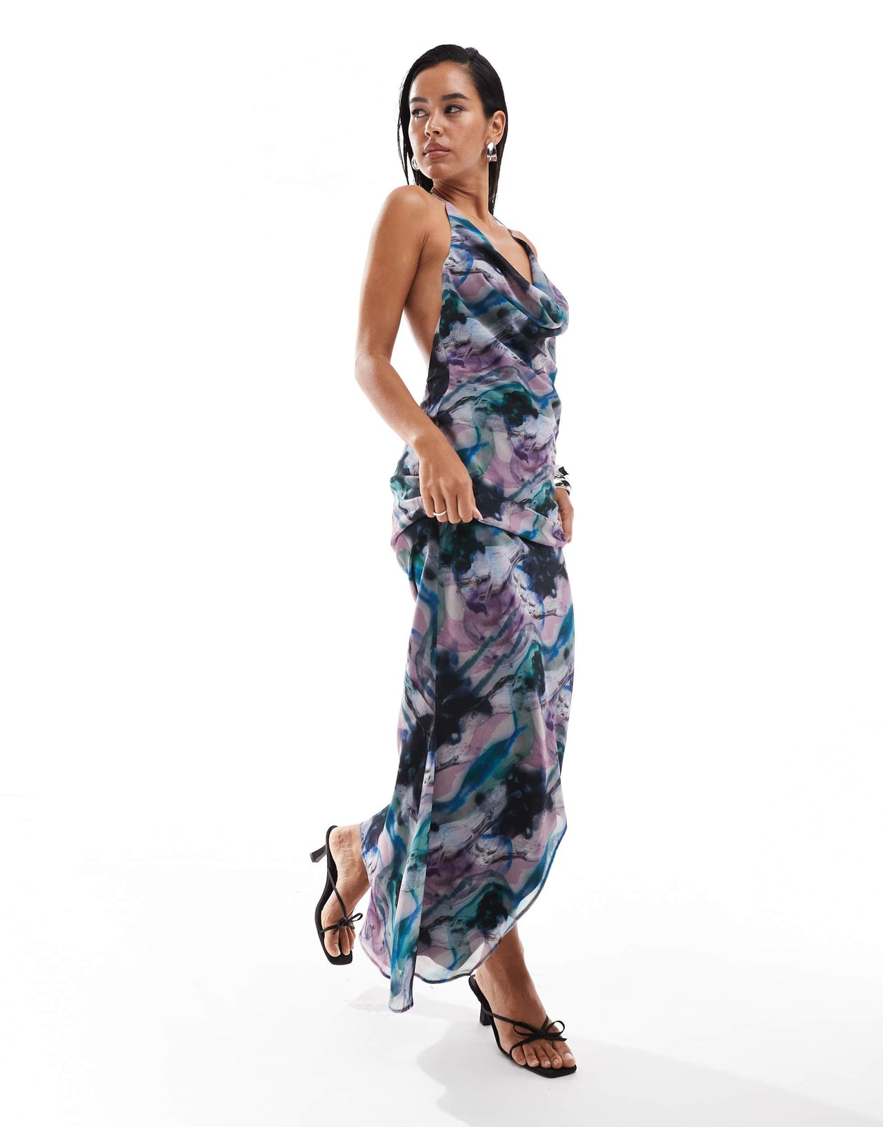 ASOS DESIGN cowl halter neck bias maxi dress with assymetric hem detail in blurred abstract print