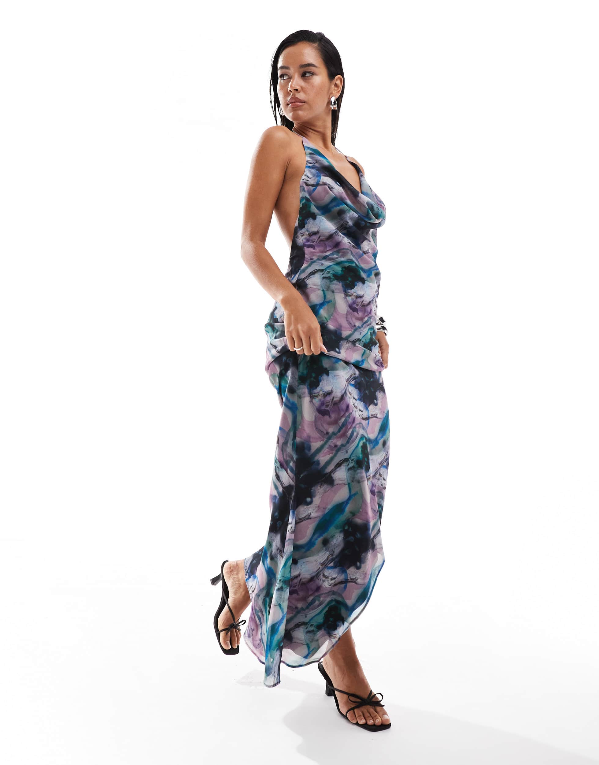 ASOS DESIGN cowl halter neck bias maxi dress with assymetric hem detail in blurred abstract print