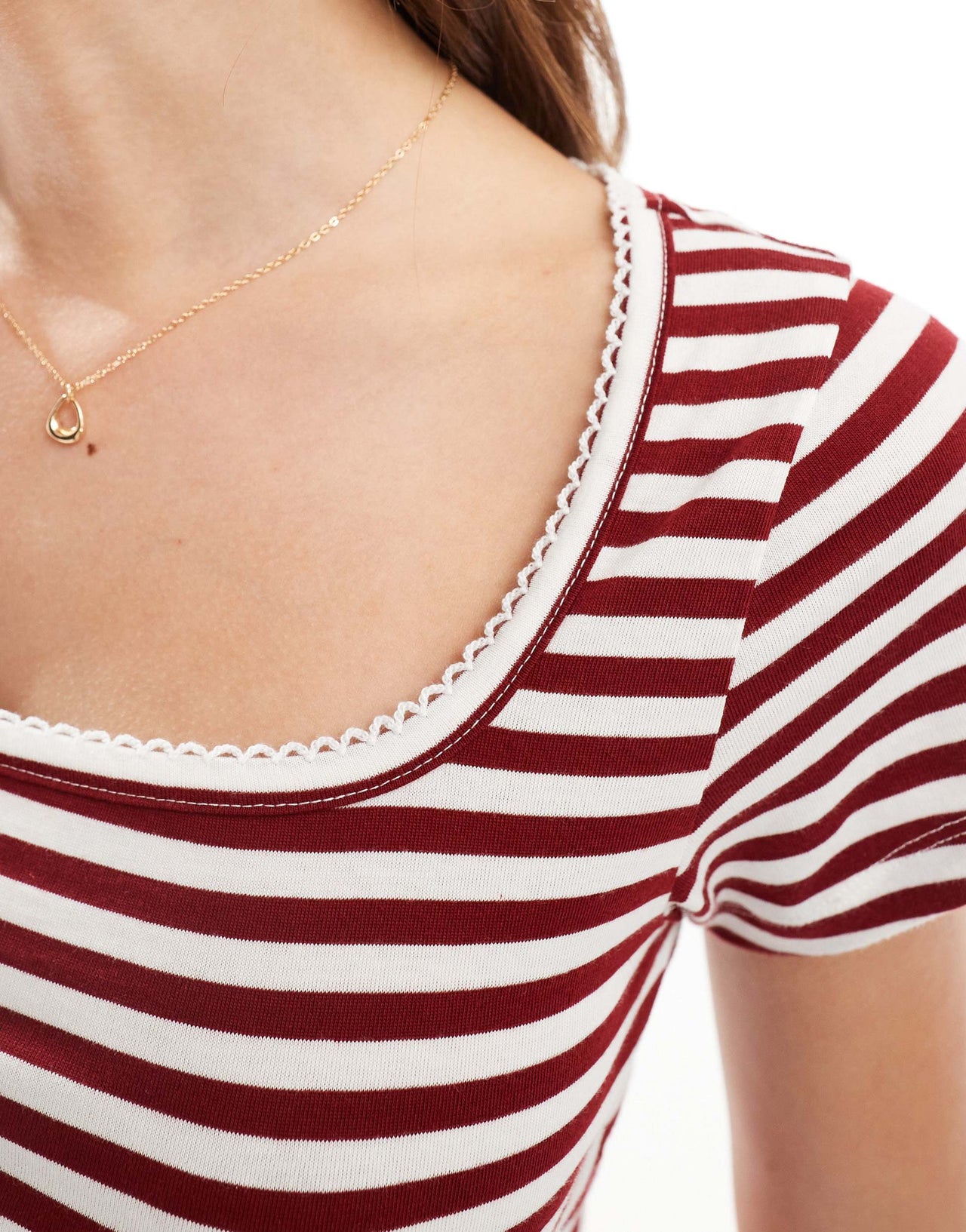 ASOS DESIGN mix & match fitted pyjama tee with picot trim in burgundy stripe