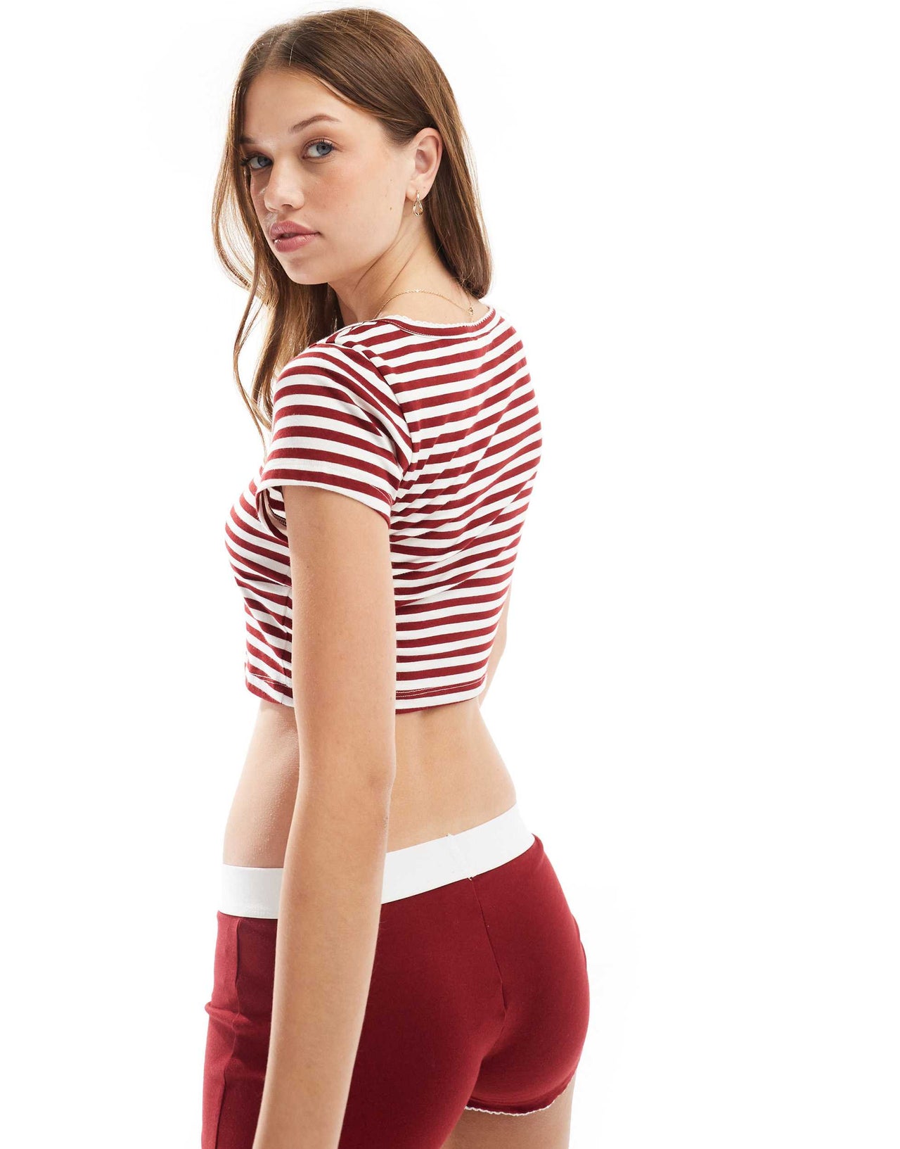 ASOS DESIGN mix & match fitted pyjama tee with picot trim in burgundy stripe