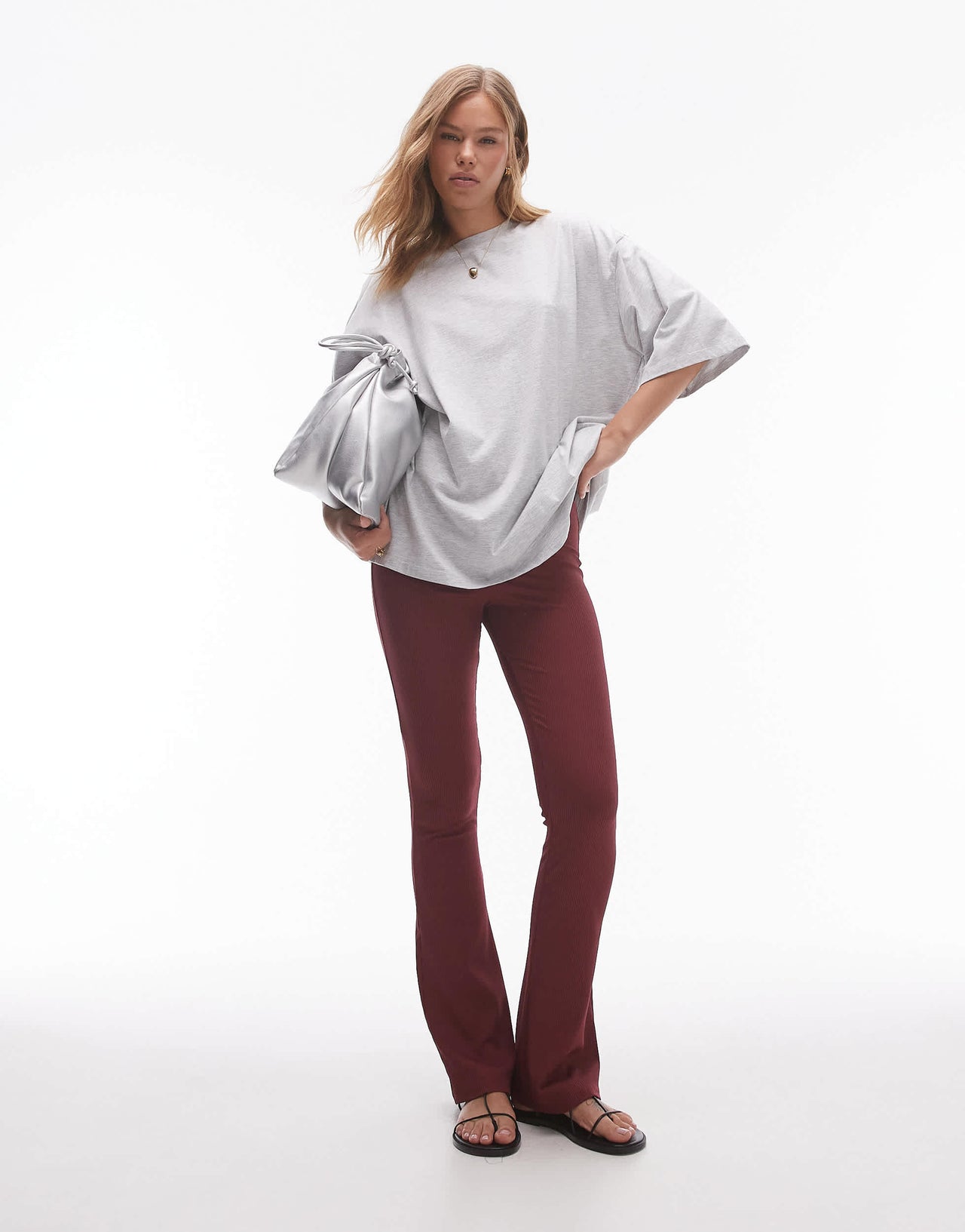 Topshop skinny rib flare in burgundy