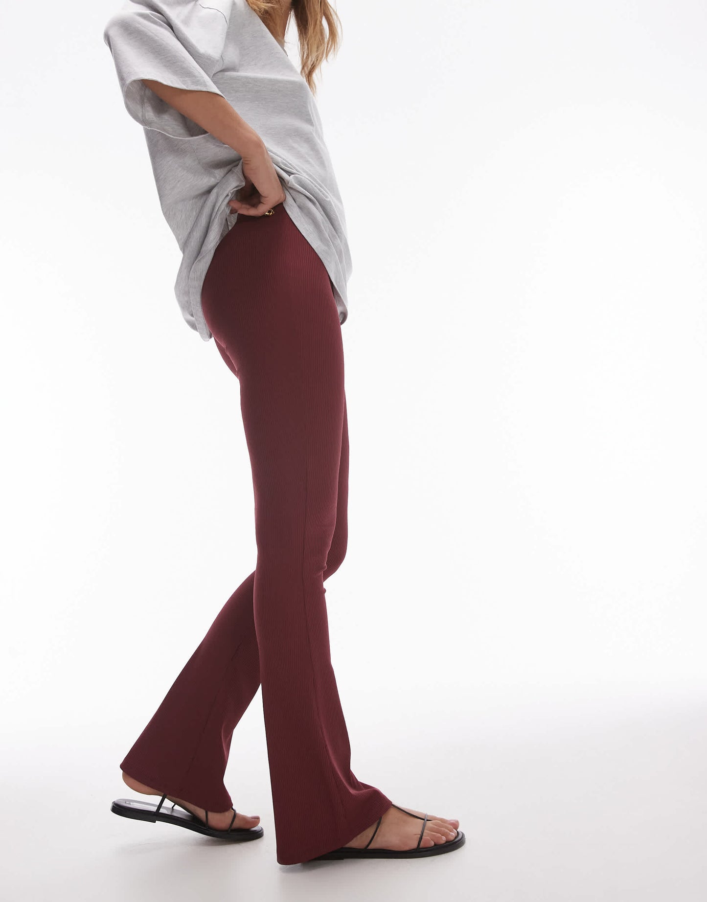 Topshop skinny rib flare in burgundy
