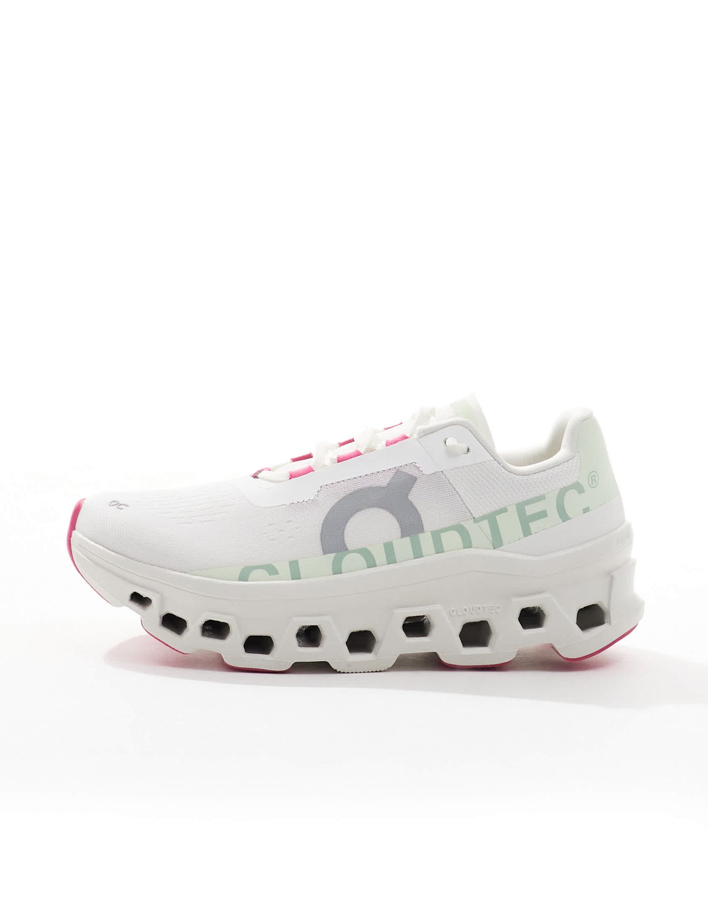 ON Cloudmonster running trainers in white and lime green