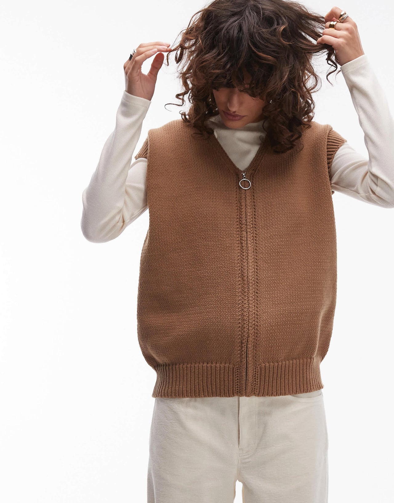 Topshop oversized zip through tank in tan