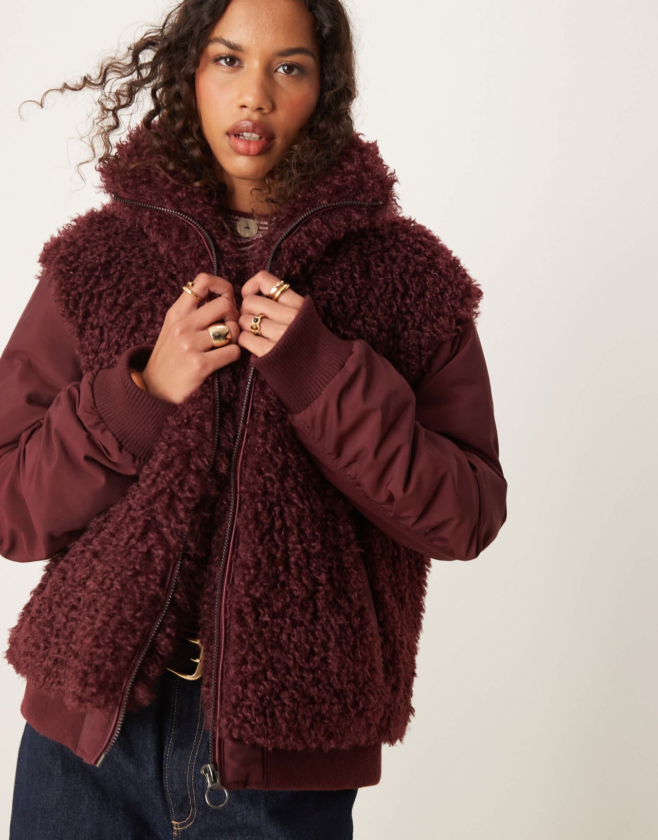 ASOS DESIGN borg patched hybrid bomber jacket in burgundy