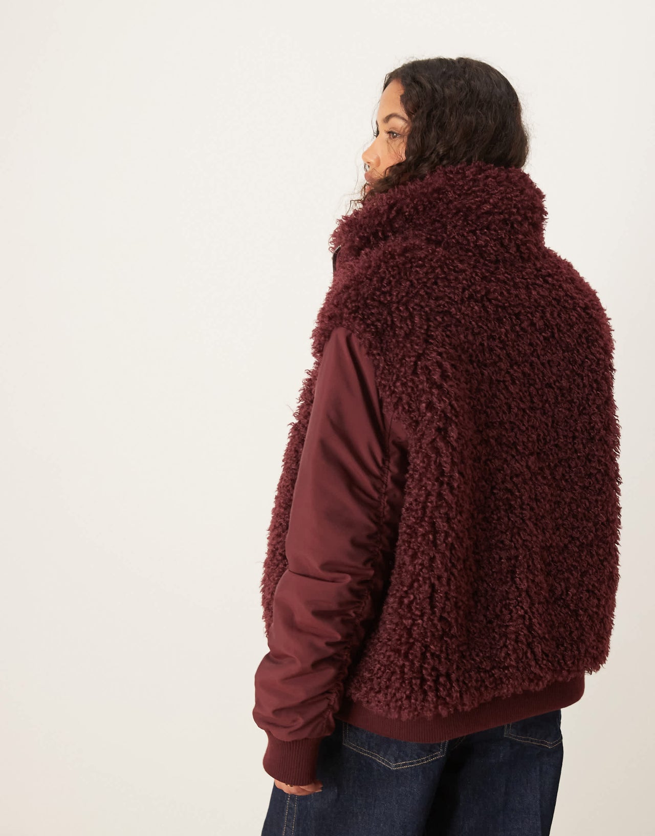 ASOS DESIGN borg patched hybrid bomber jacket in burgundy