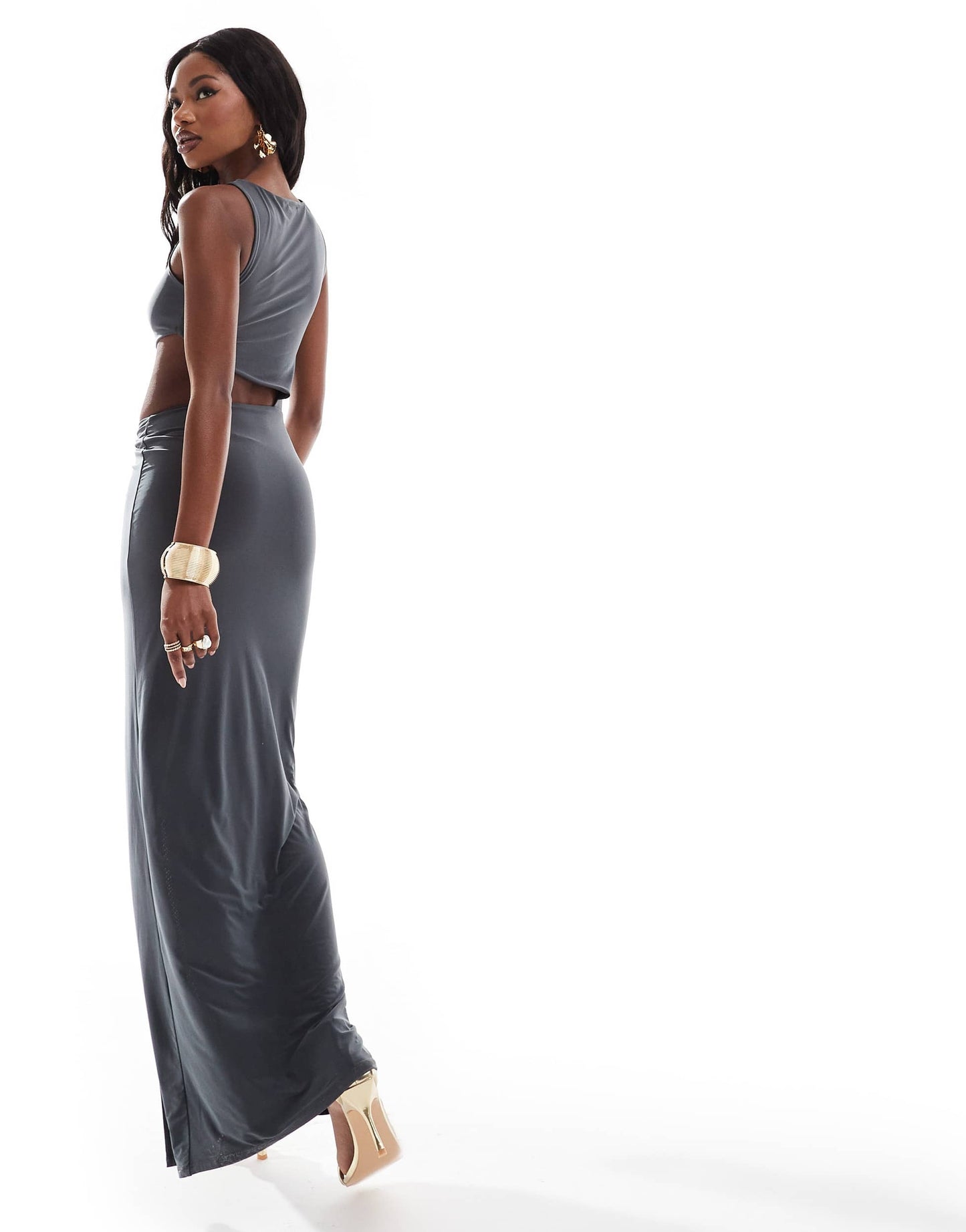 ASOS DESIGN slinky square neck maxi dress with sarong knot detail skirt in charcoal