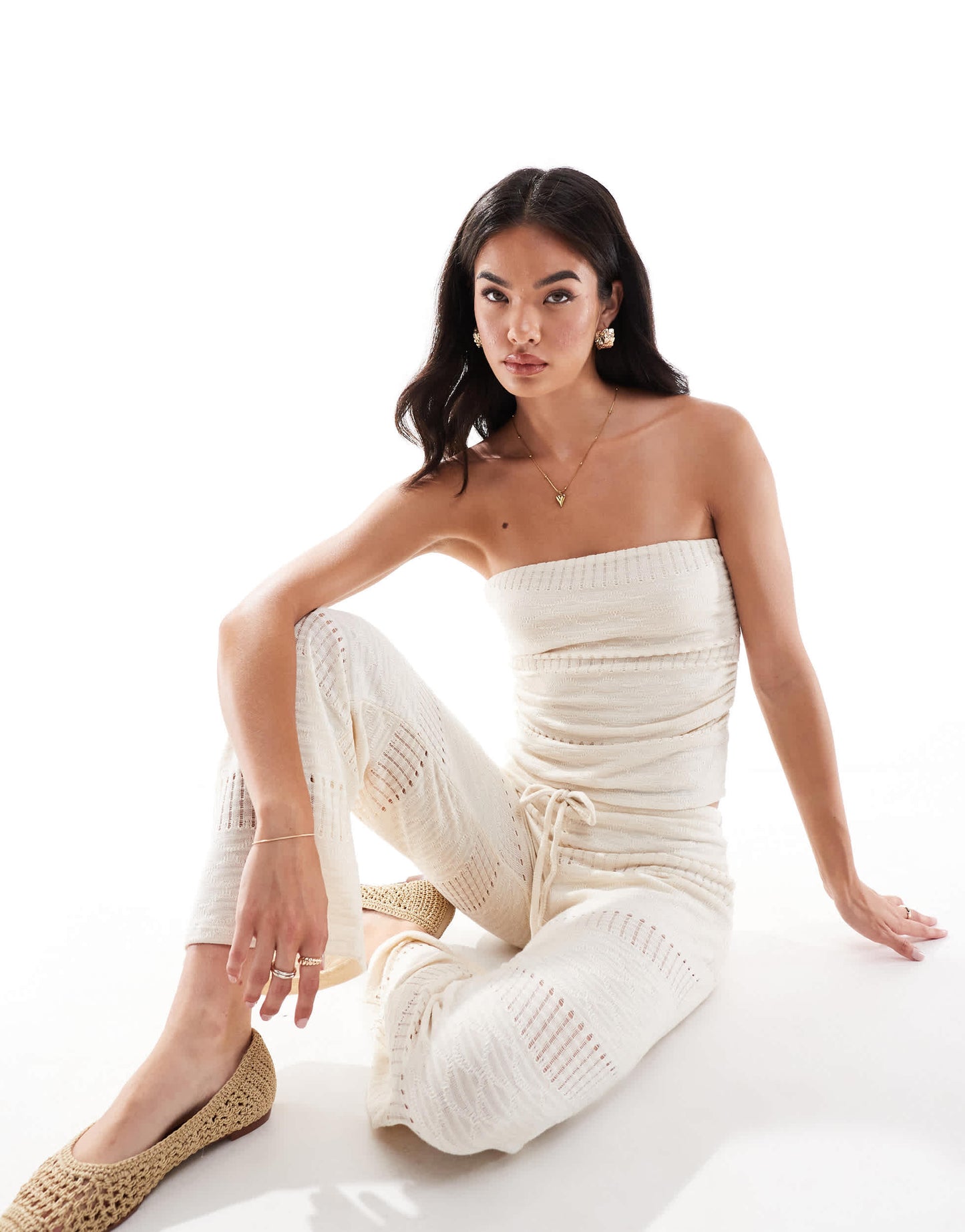 Pull&Bear cutwork textured bandeau top co-ord in ecru