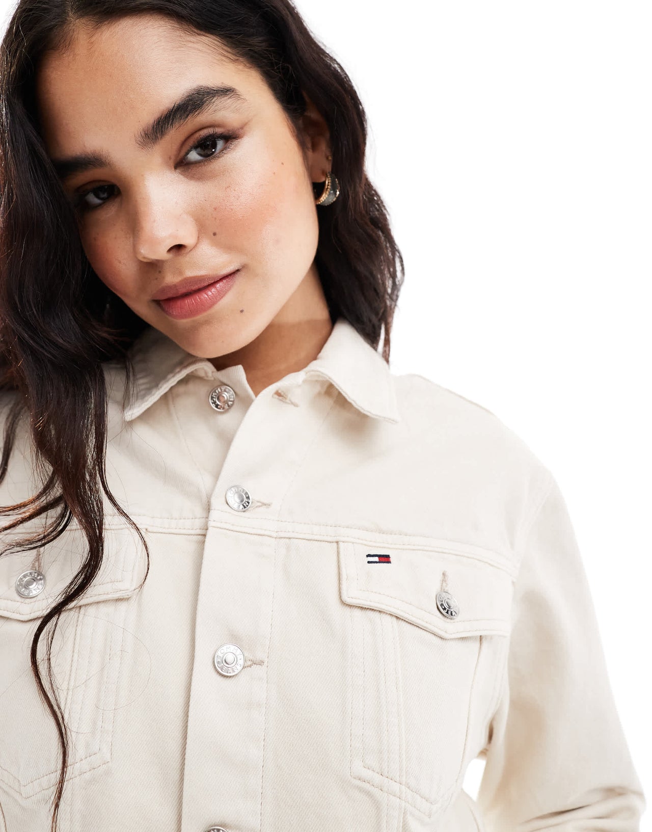 Tommy Jeans crop raw hem denim trucker jacket in off white