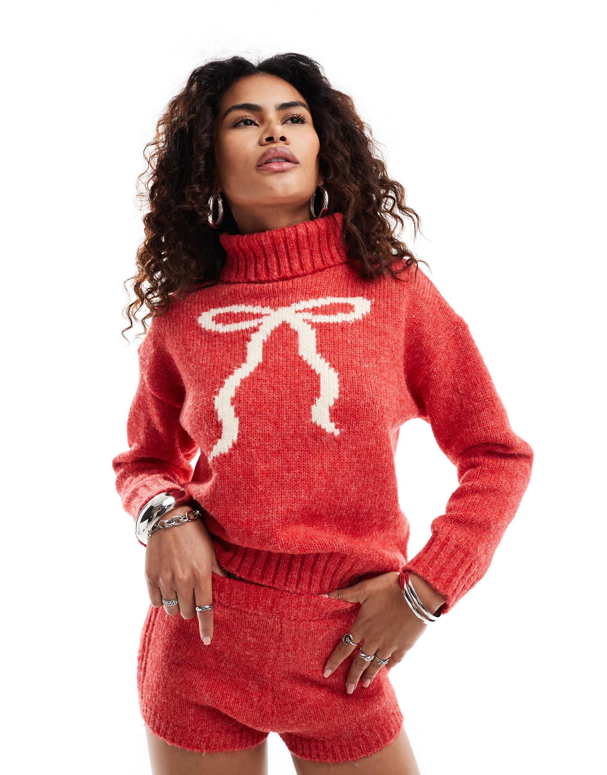 Kiss The Sky open back turtleneck jumper with bow in red