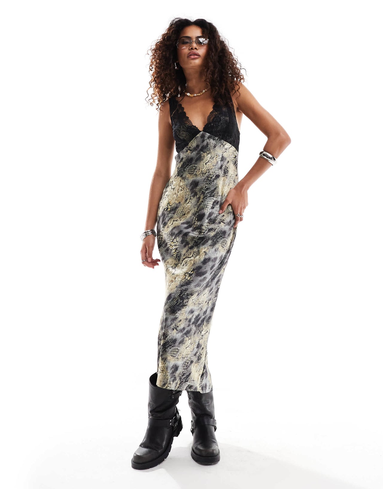 Kiss The Sky plunge neck midaxi dress in lace and snake