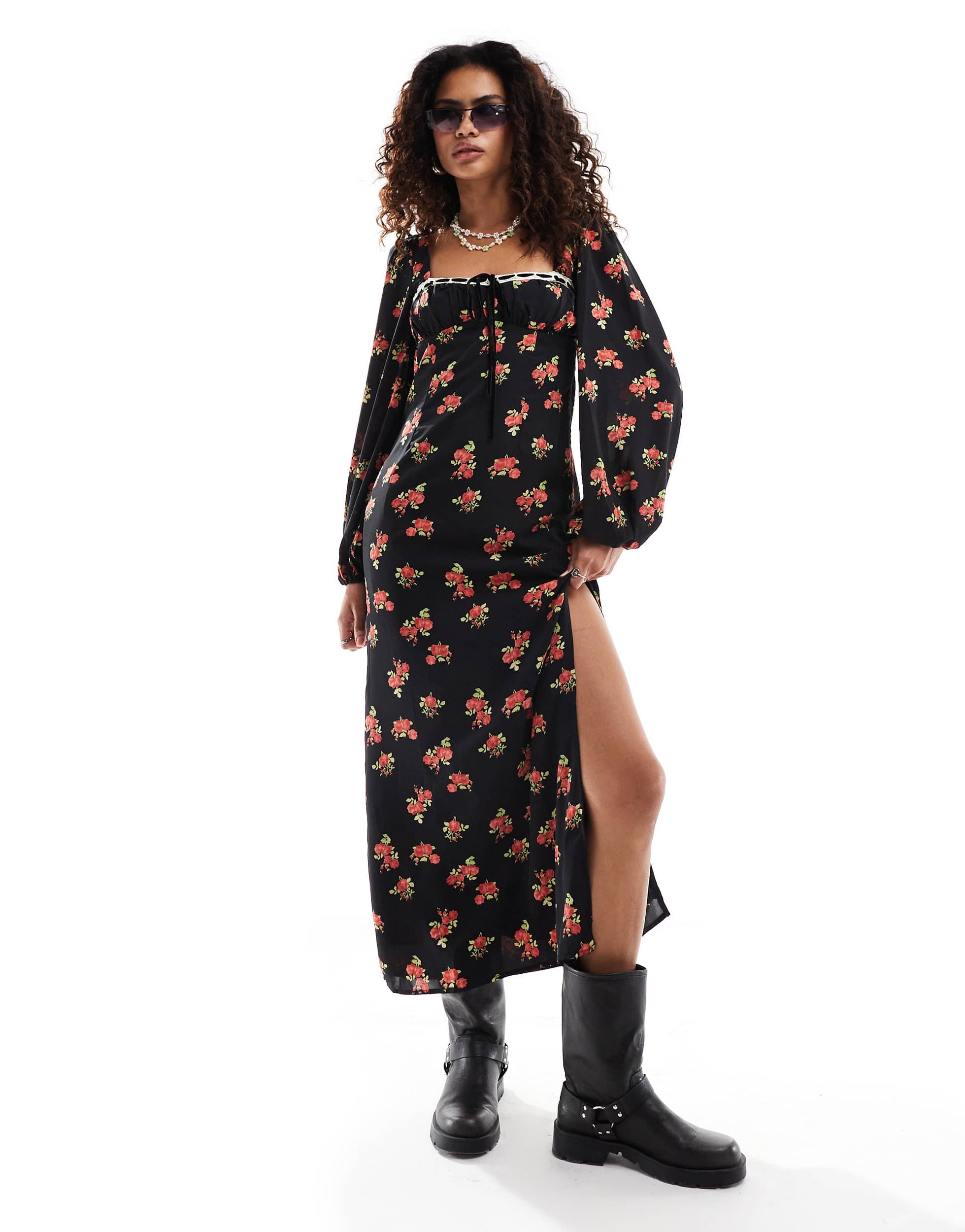 Kiss The Sky long sleeve bustier maxi dress in black floral