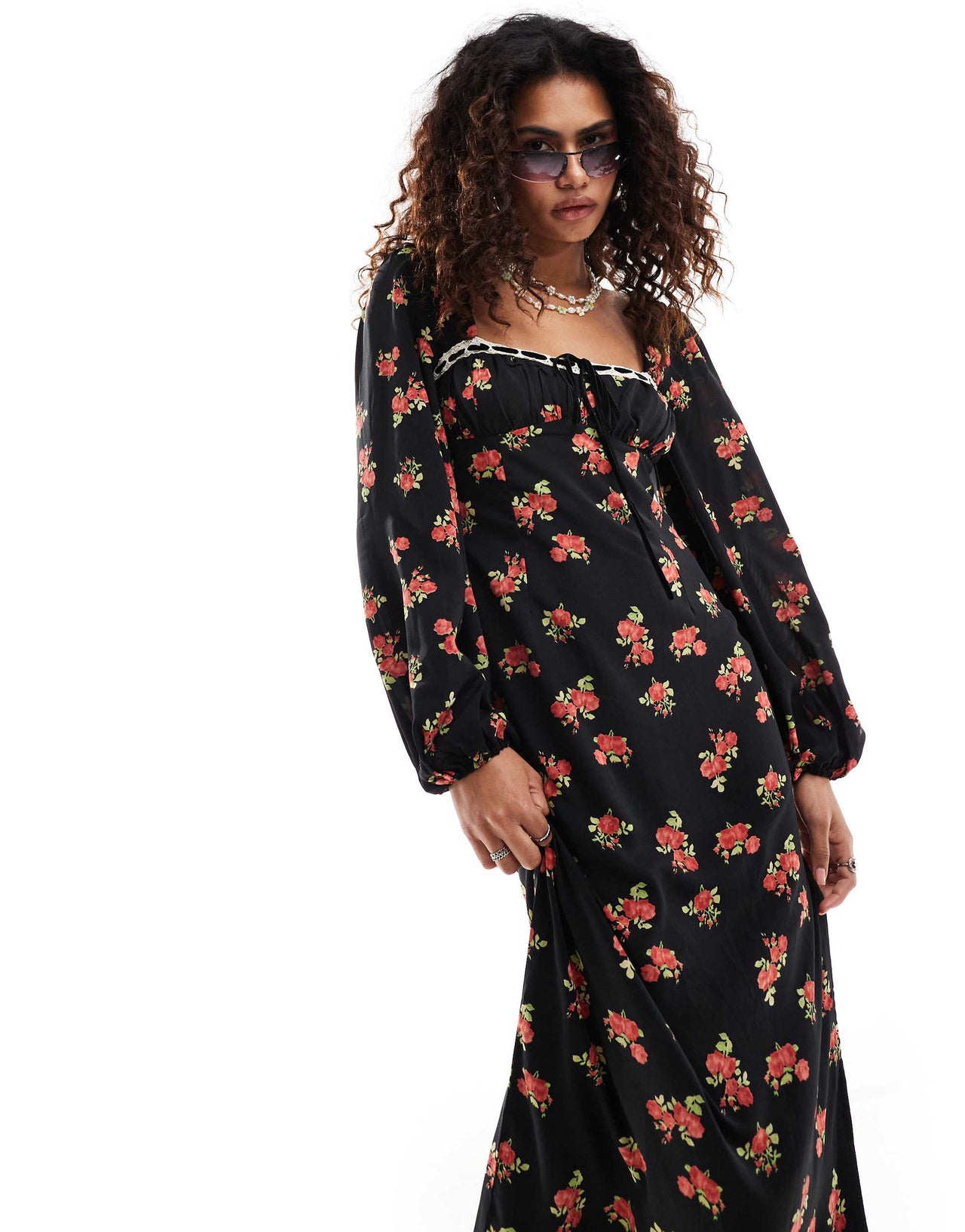 Kiss The Sky long sleeve bustier maxi dress in black floral