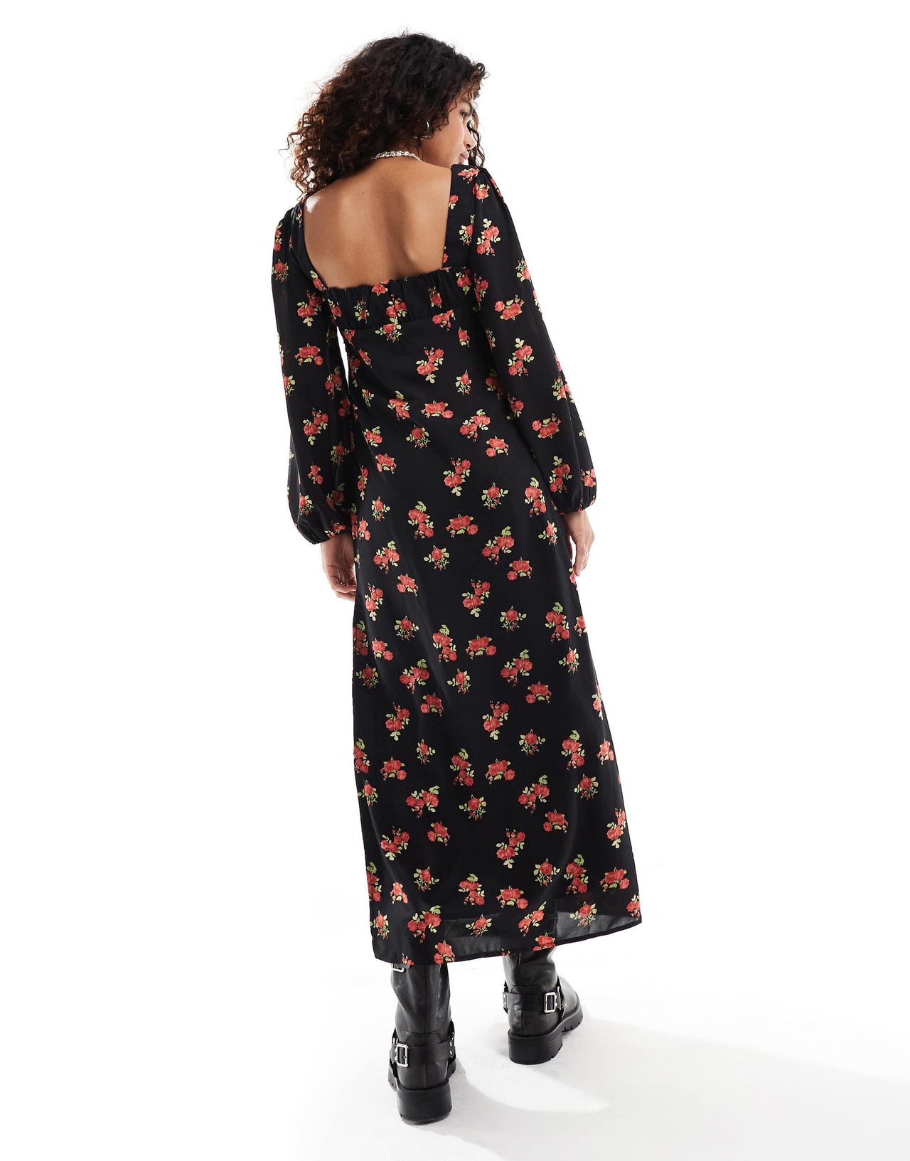 Kiss The Sky long sleeve bustier maxi dress in black floral