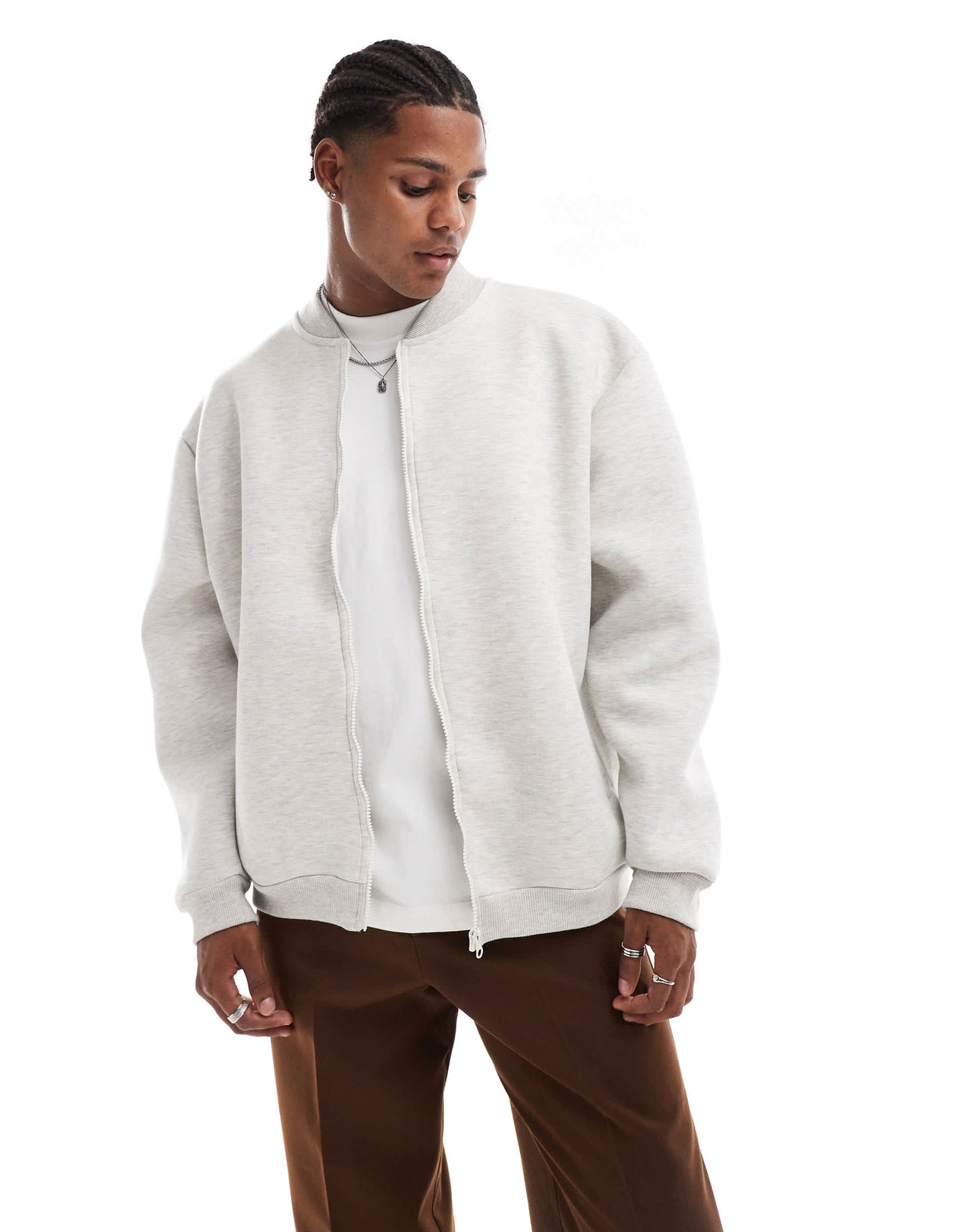 ASOS DESIGN heavyweight oversized bomber jacket in  scuba-style fabric in light grey marl