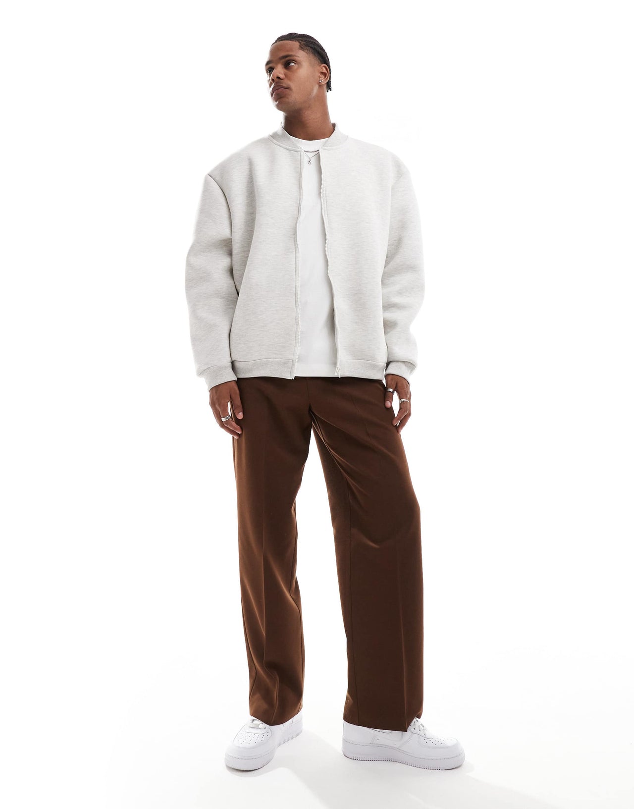 ASOS DESIGN heavyweight oversized bomber jacket in  scuba-style fabric in light grey marl