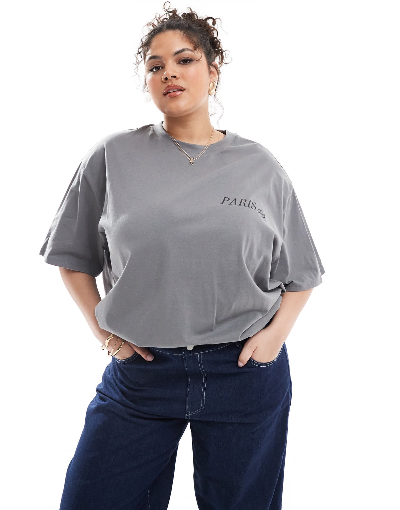 ASOS DESIGN Curve boyfriend fit t-shirt with paris back graphic in charcoal