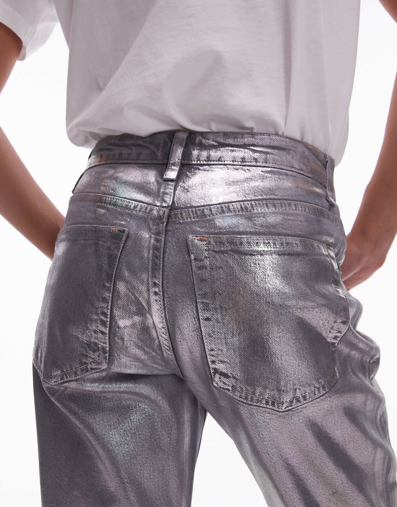 Topshop mid rise straight cropped silver foil jean in grey