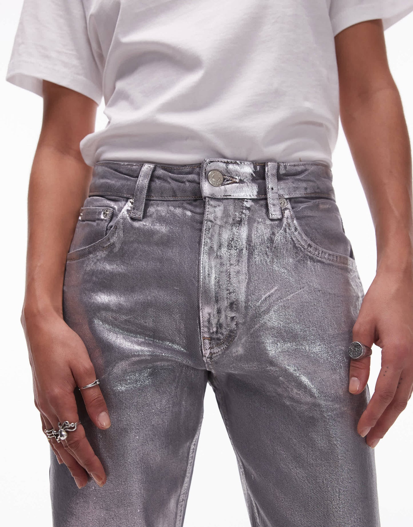 Topshop mid rise straight cropped silver foil jean in grey