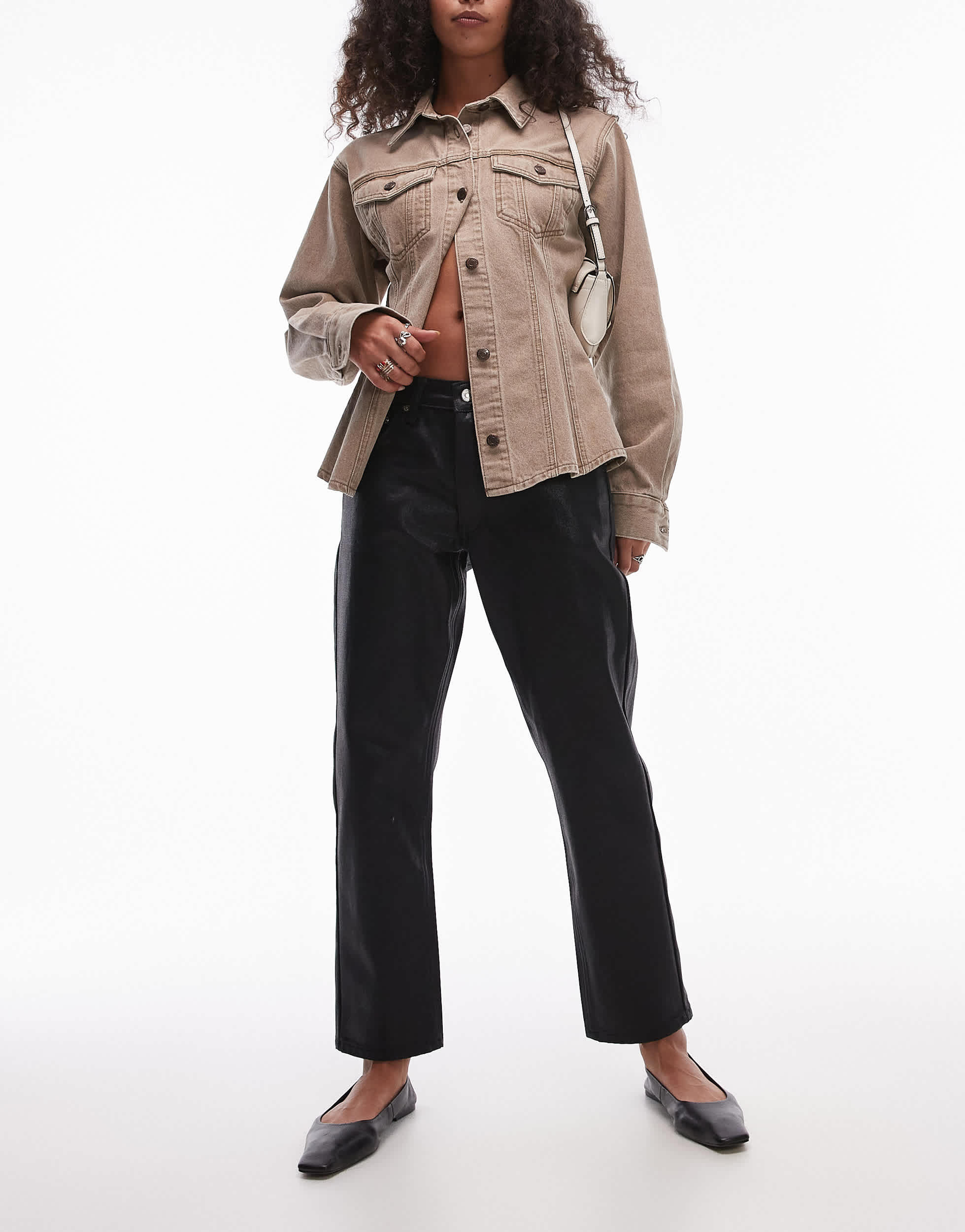 Topshop mid rise straight cropped coated jean in black