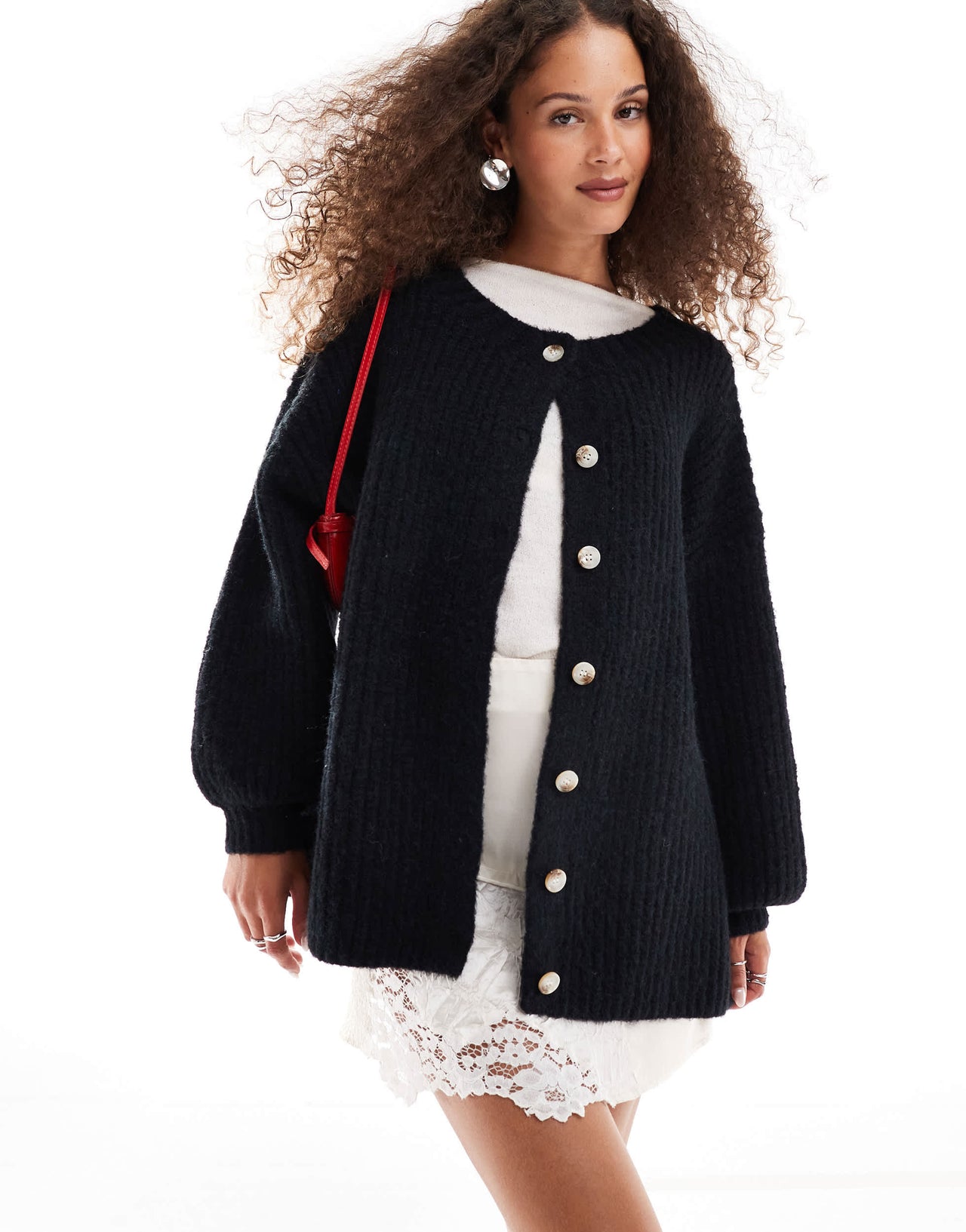 VRG GRL penelope fluffy longline cardigan in black