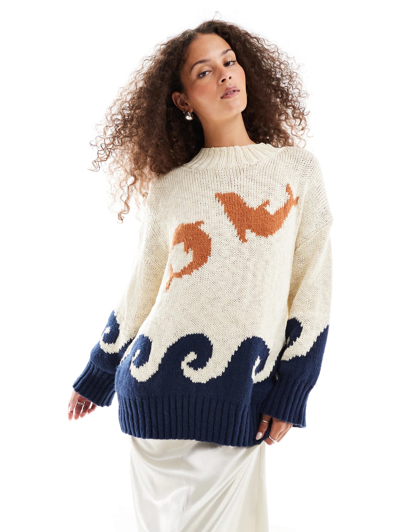 VRG GRL ace of something dolphin intarsia oversized jumper in multi