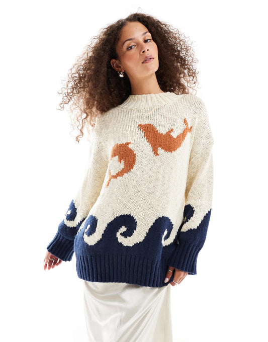 VRG GRL ace of something dolphin intarsia oversized jumper in multi