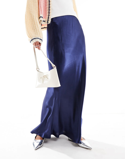 VRG GRL florence bias cut satin maxi skirt in midnight blue