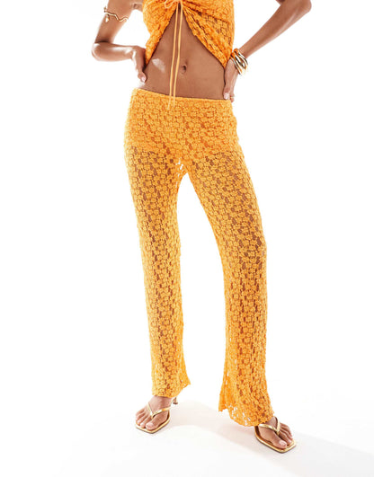 Pull&Bear crochet flare trouser co-ord in orange