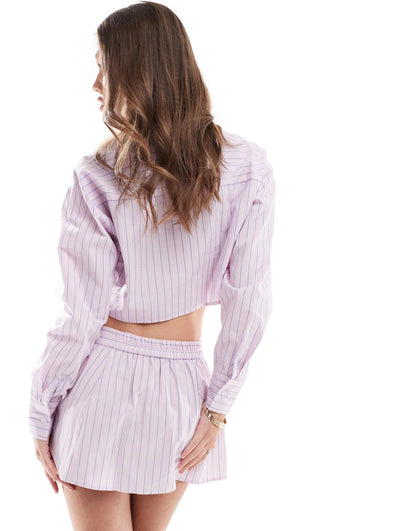 Pull&Bear button through striped hidden short co-ord in pink