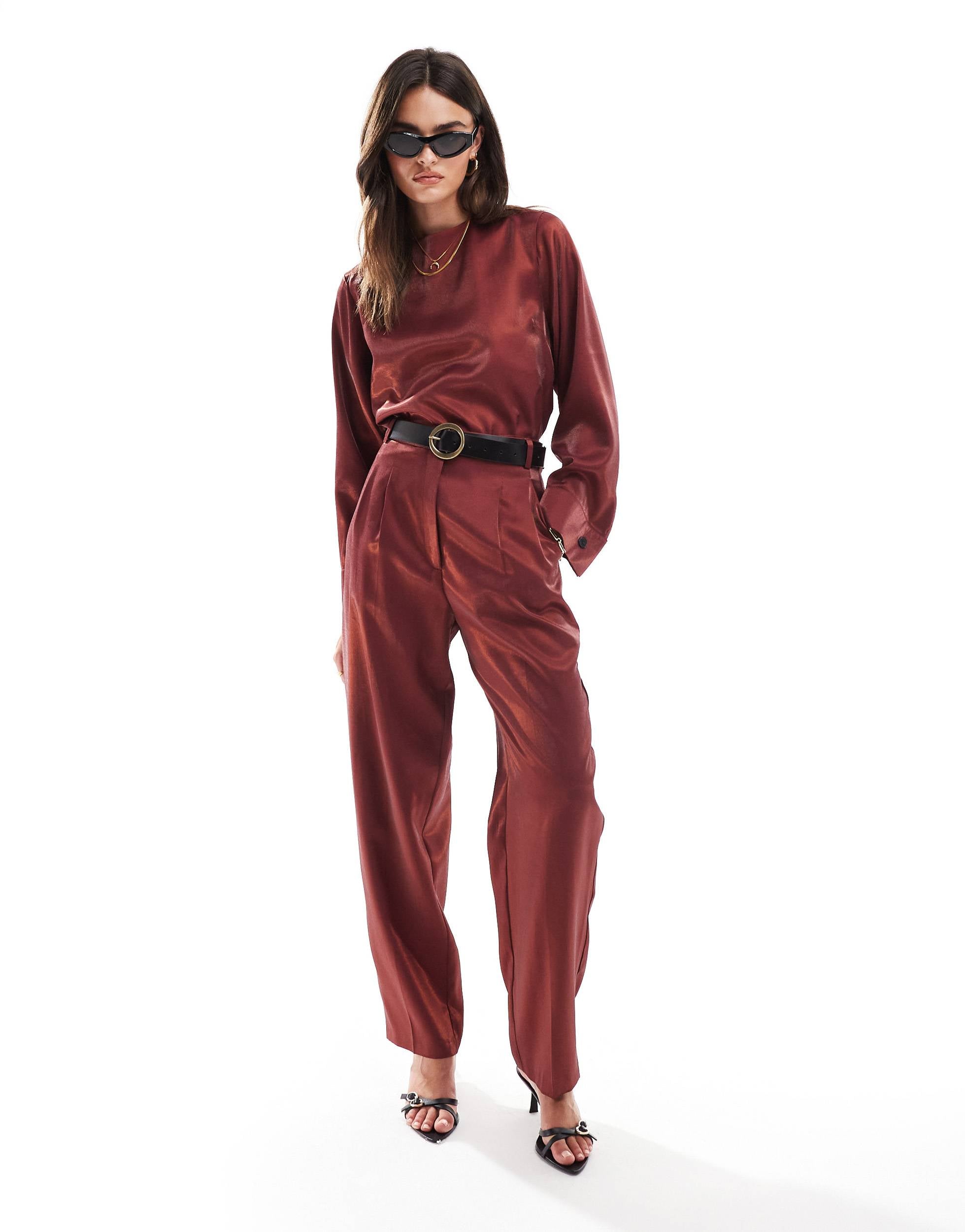 ASOS DESIGN metallic straight leg tailored trouser co-ord  in burgundy