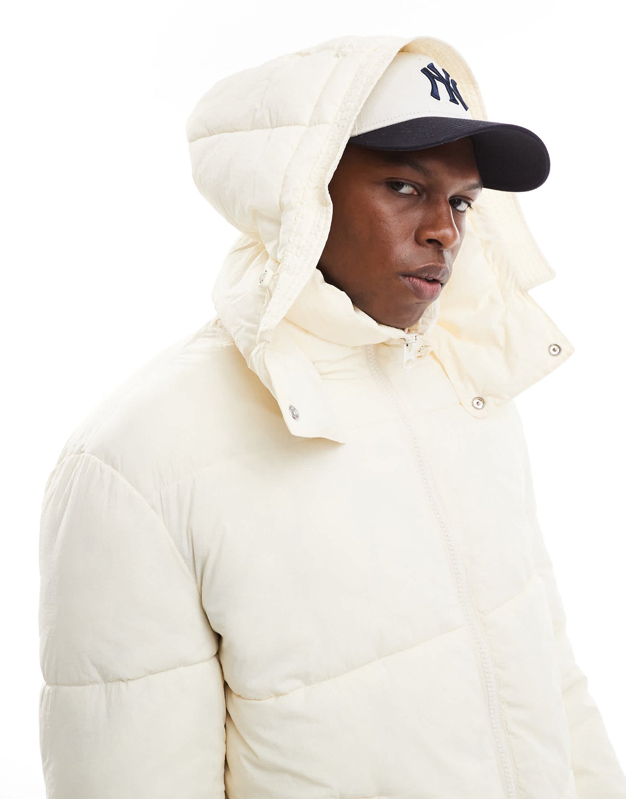 ONLY & SONS quilted puffer jacket with wide hood in off white