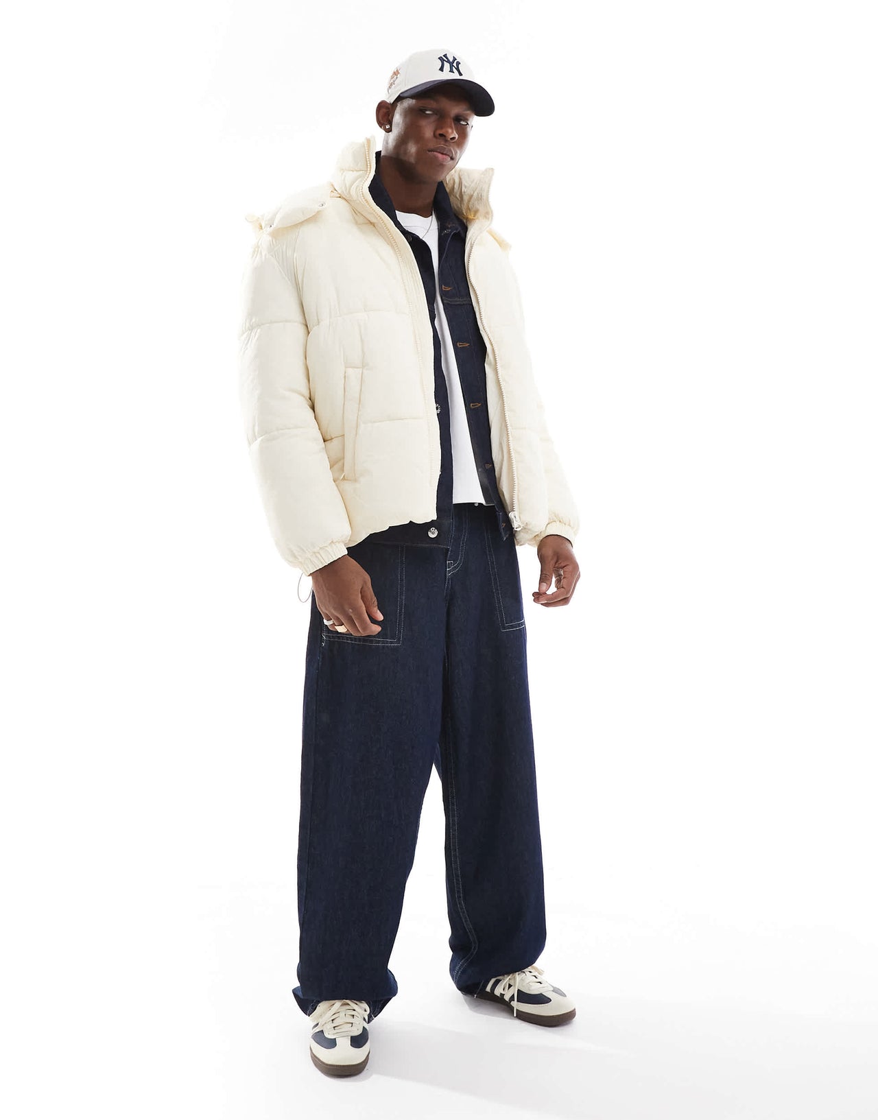 ONLY & SONS quilted puffer jacket with wide hood in off white