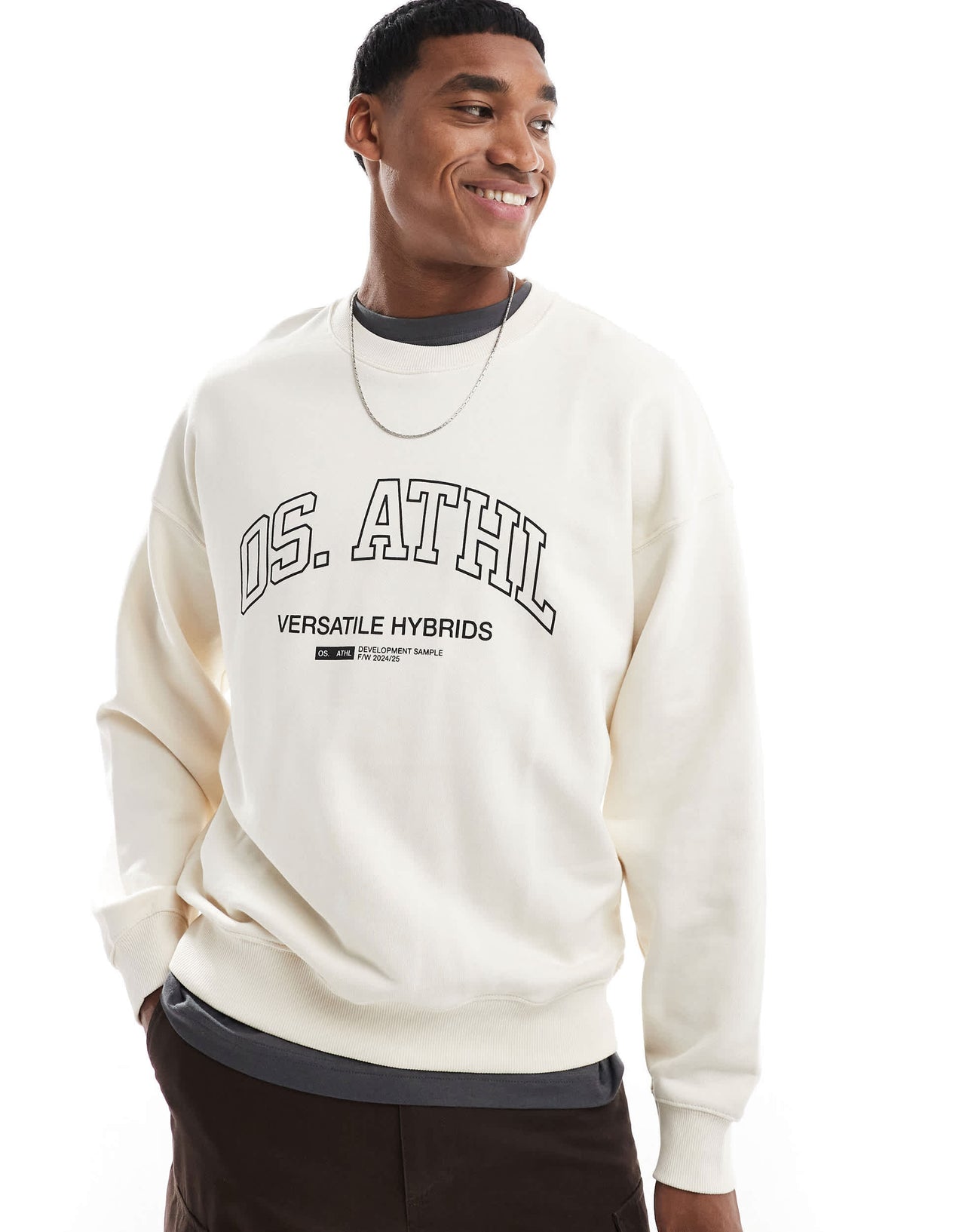 ONLY & SONS crew neck drop shoulder sweater with athletic print in cream