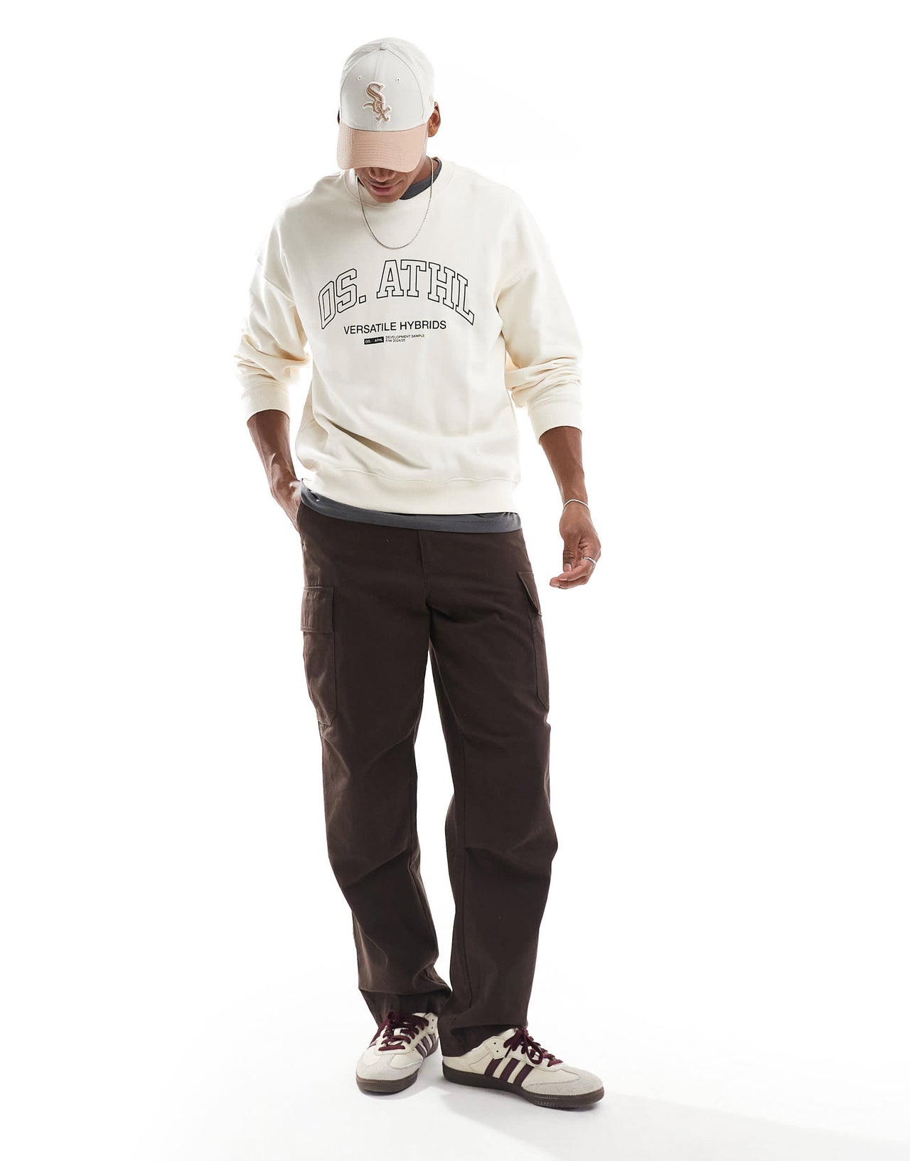 ONLY & SONS crew neck drop shoulder sweater with athletic print in cream