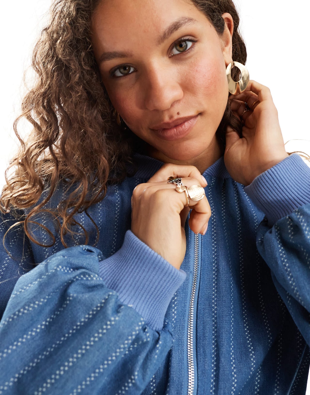 Ghospell balloon sleeve denim bomber jacket in blue