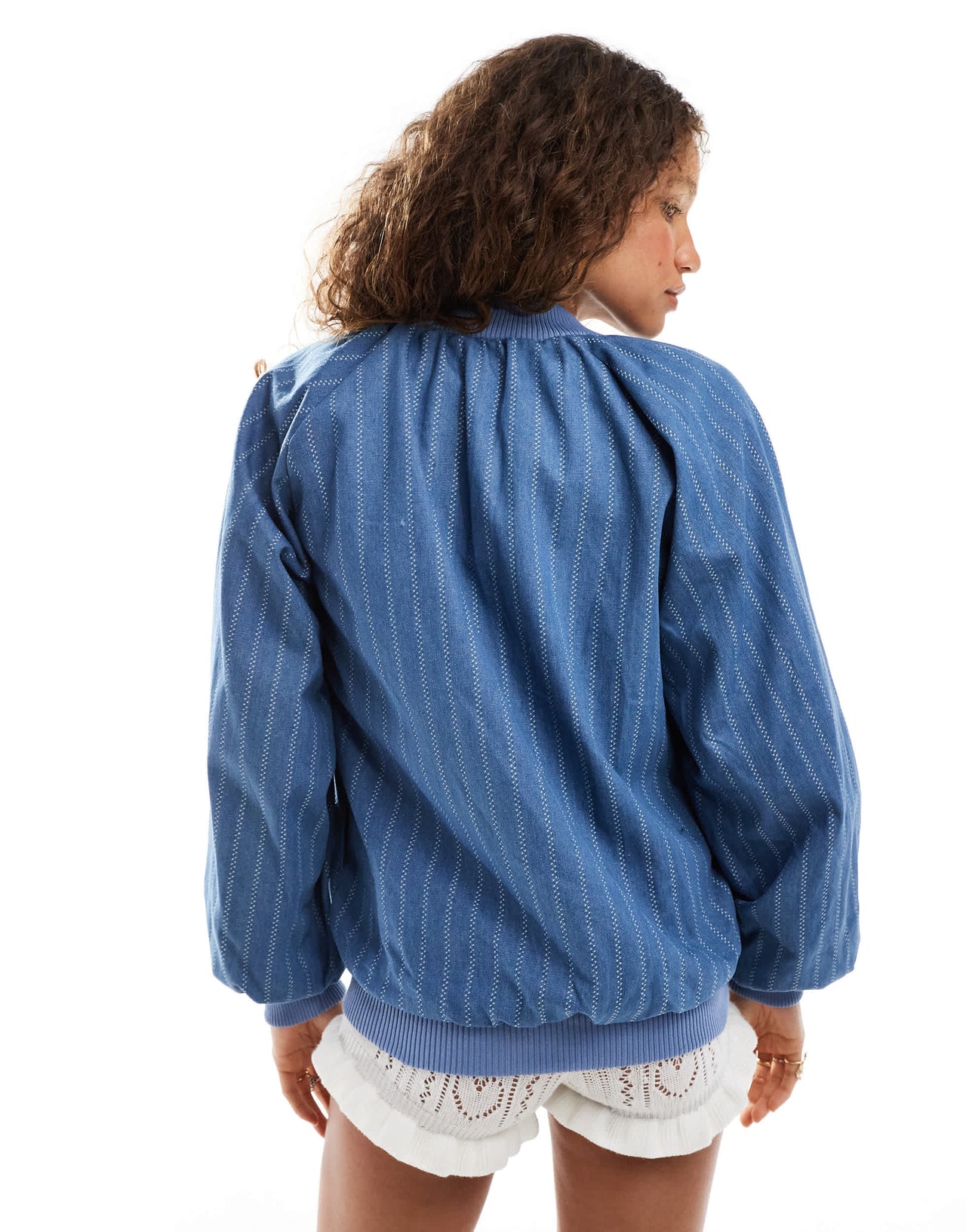 Ghospell balloon sleeve denim bomber jacket in blue