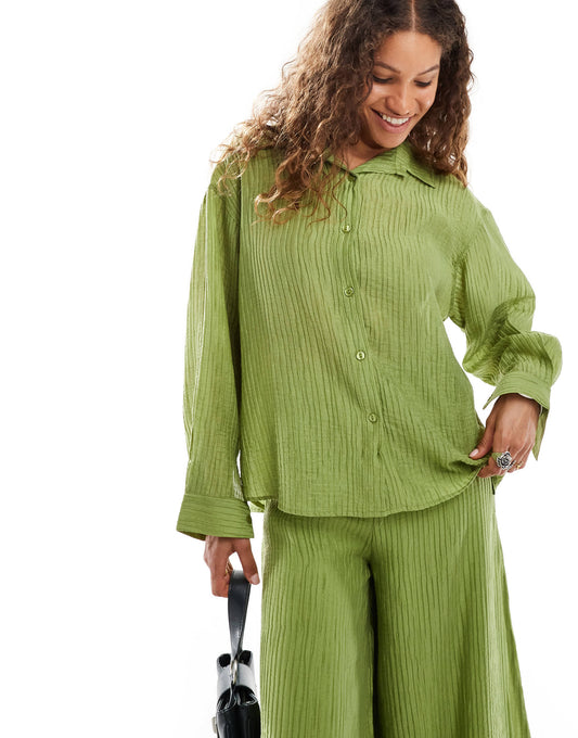 Ghospell textured oversized shirt co-ord in green
