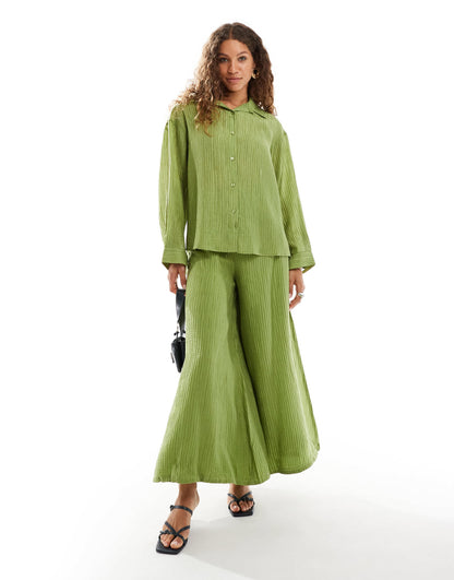 Ghospell textured oversized shirt co-ord in green