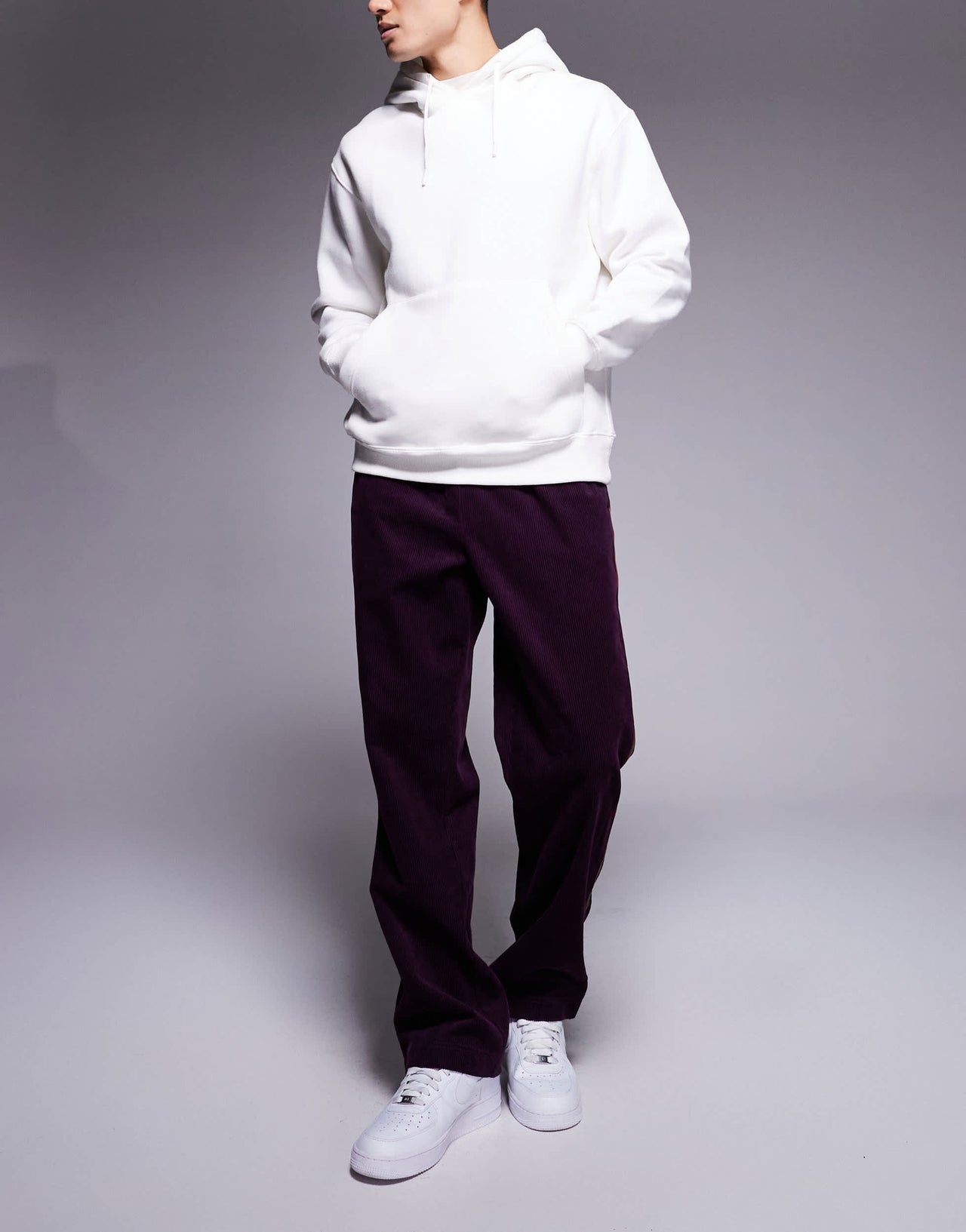 ASOS DESIGN pull on trouser in purple cord with stripe detail