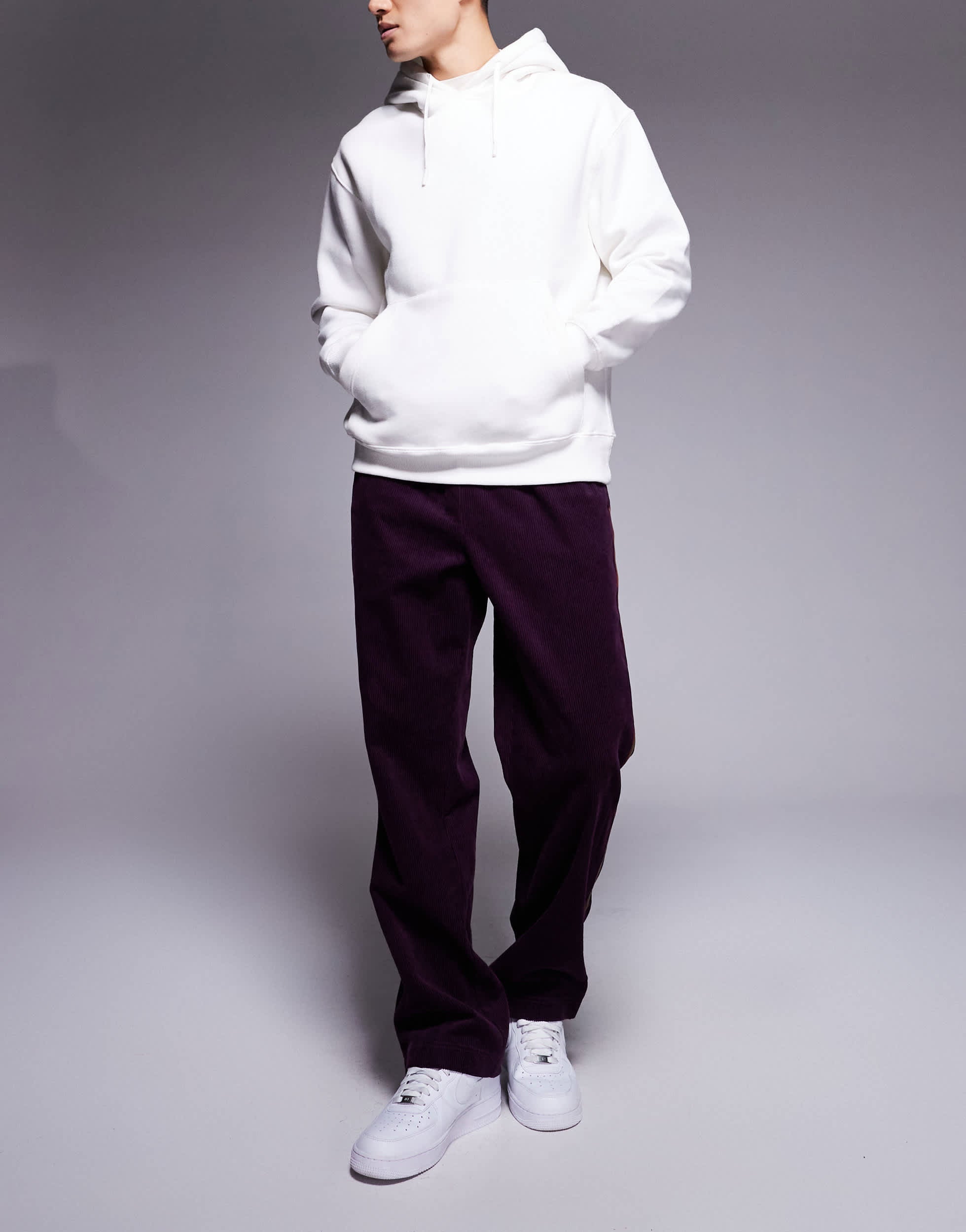 ASOS DESIGN pull on trouser in purple cord with stripe detail