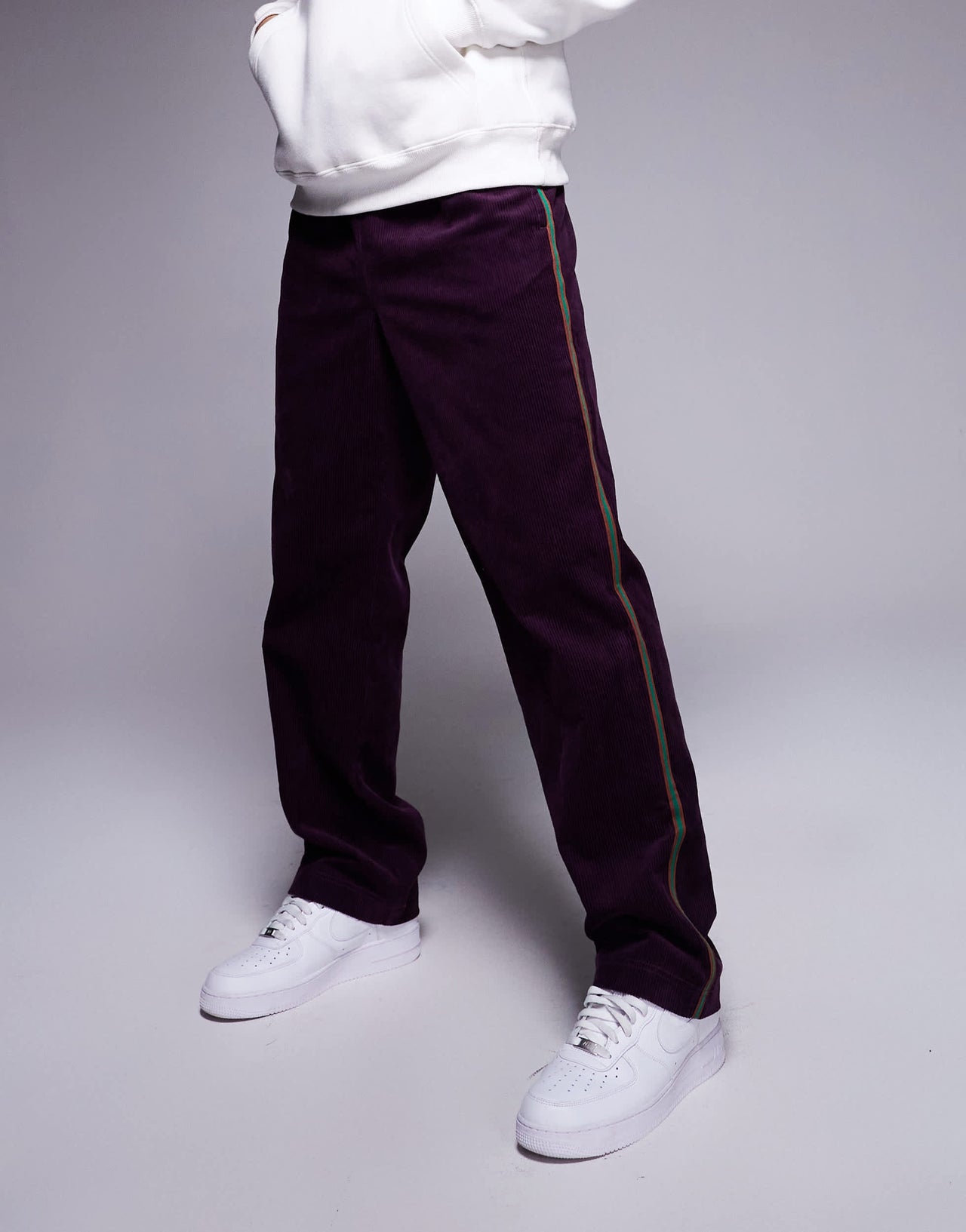 ASOS DESIGN pull on trouser in purple cord with stripe detail