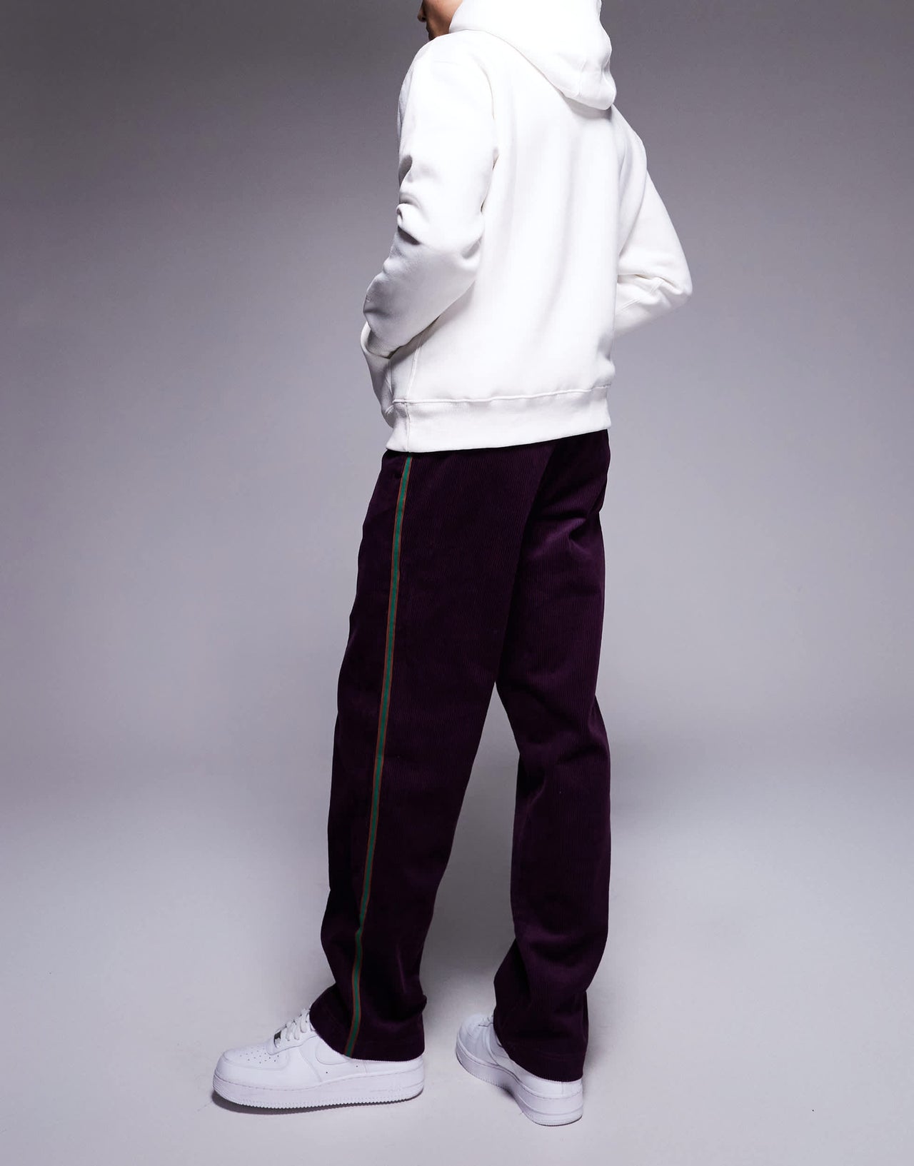 ASOS DESIGN pull on trouser in purple cord with stripe detail