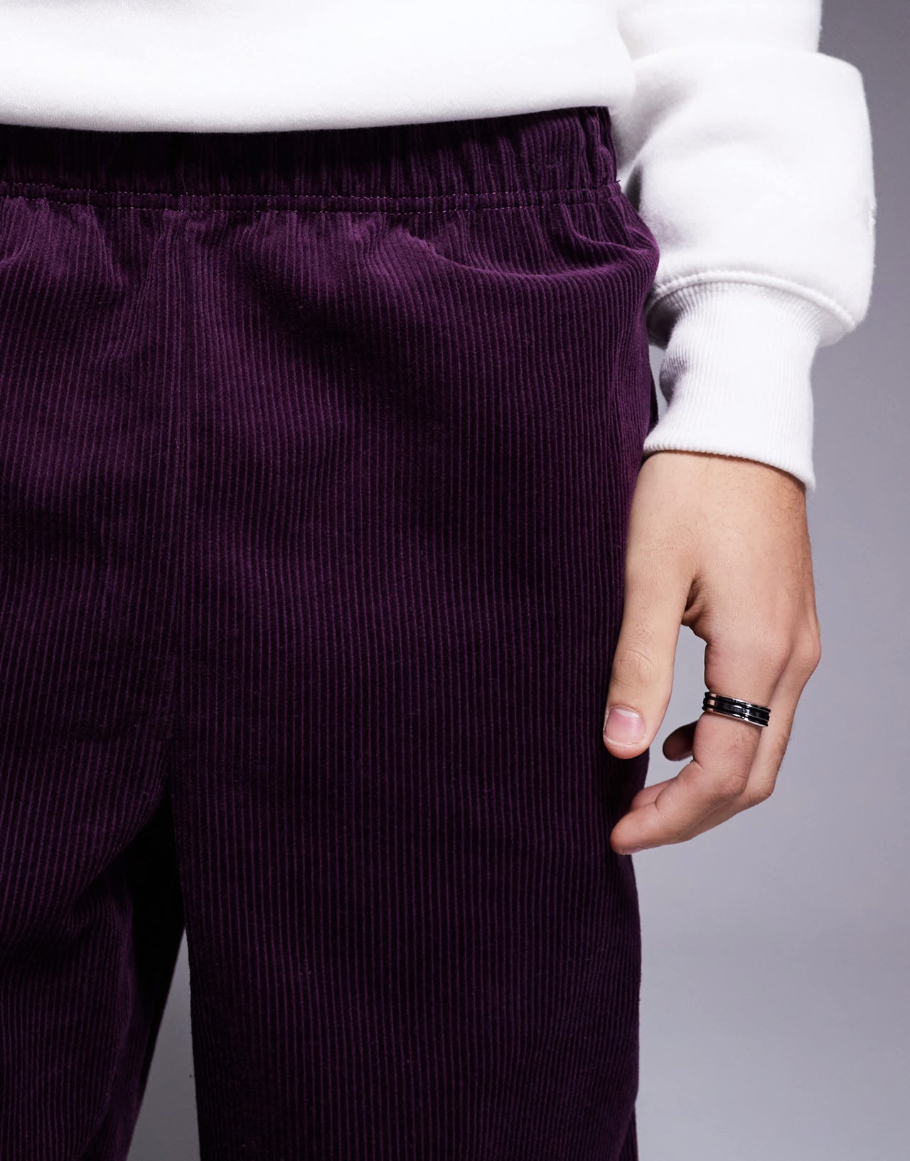 ASOS DESIGN pull on trouser in purple cord with stripe detail