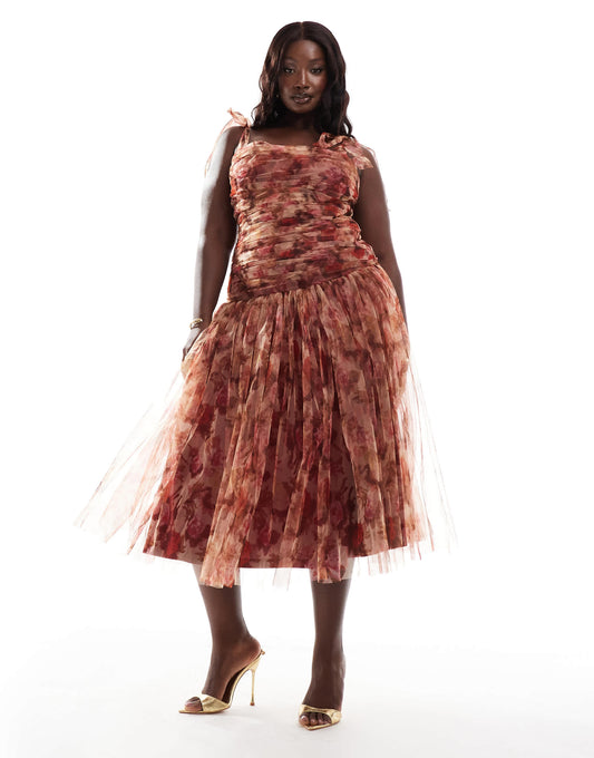 Lace & Beads Plus drop waist bow shoulder midaxi dress in rose print